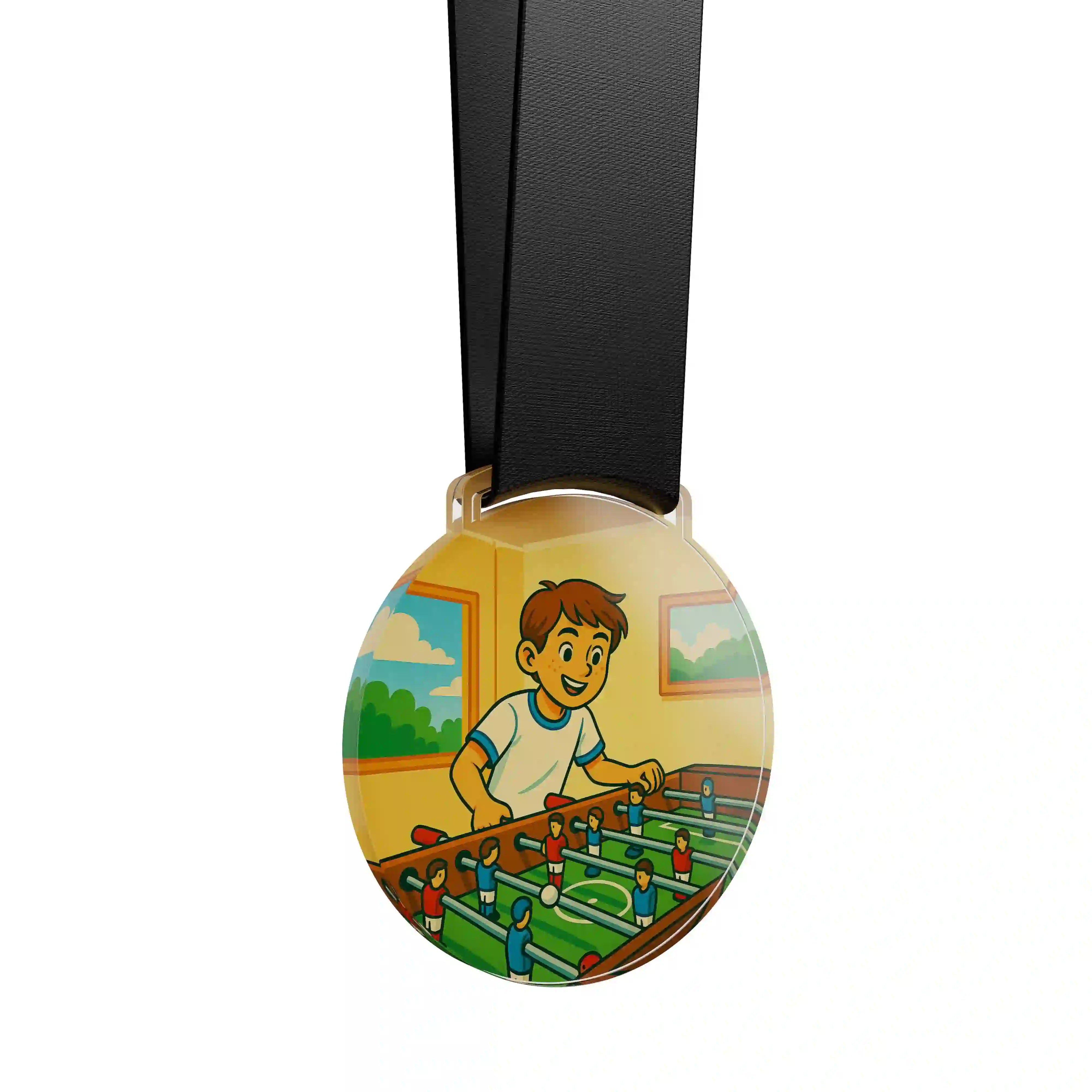 médaille acrylique d'un jeune faisant du babyfoot