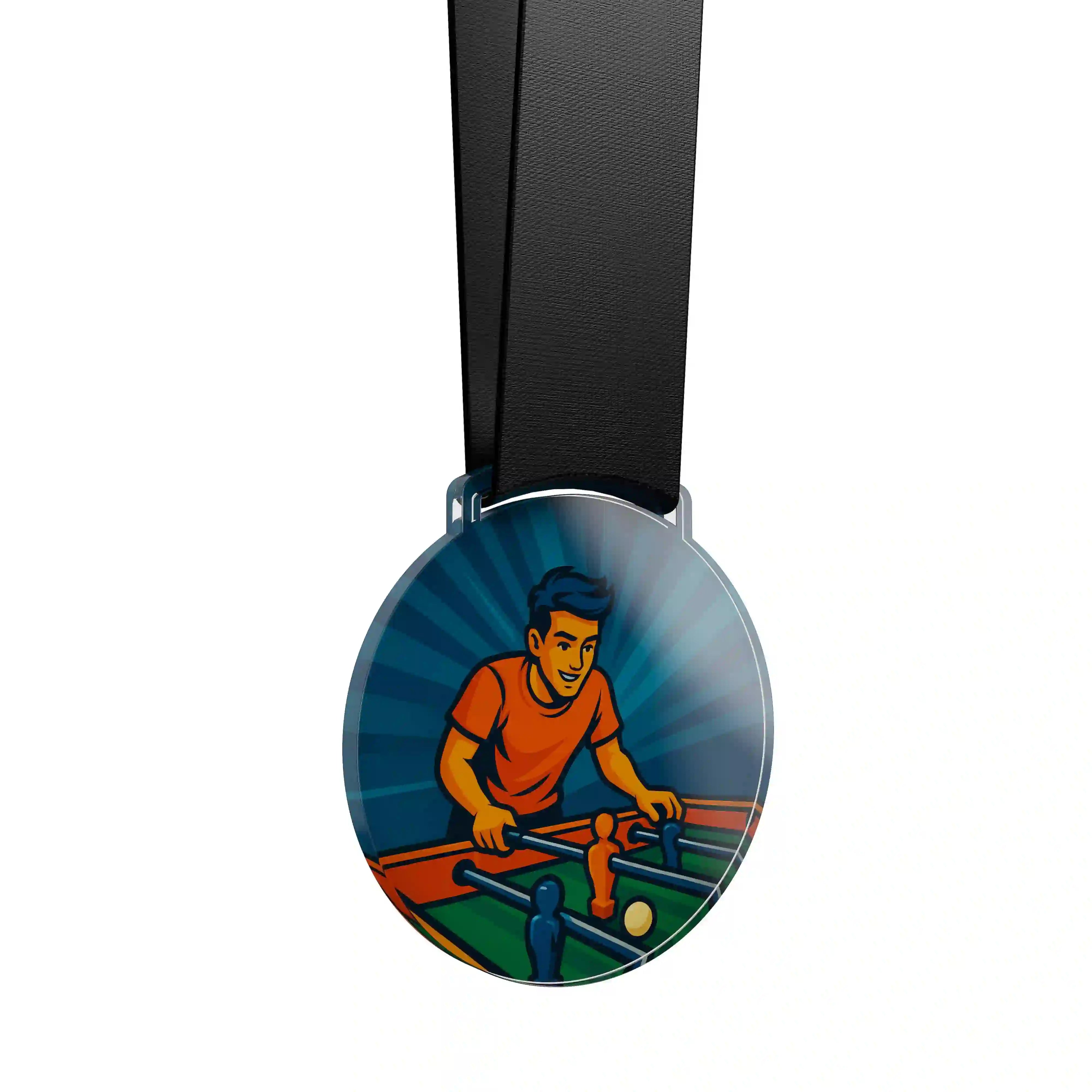 médaille en acrylique d'un homme faisant du babyfoot
