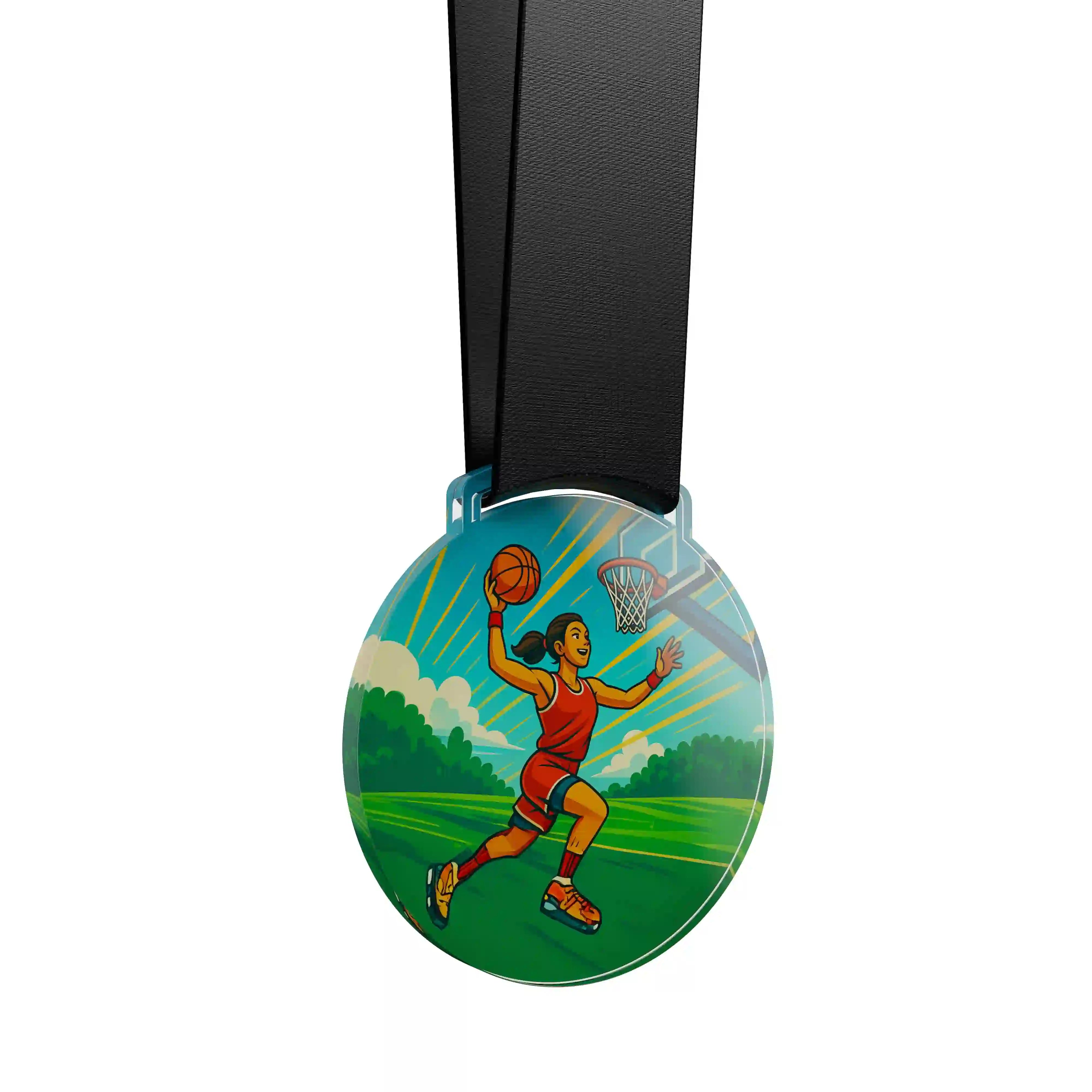 médaille en acrylique d'une femme mettant un panier au basketball