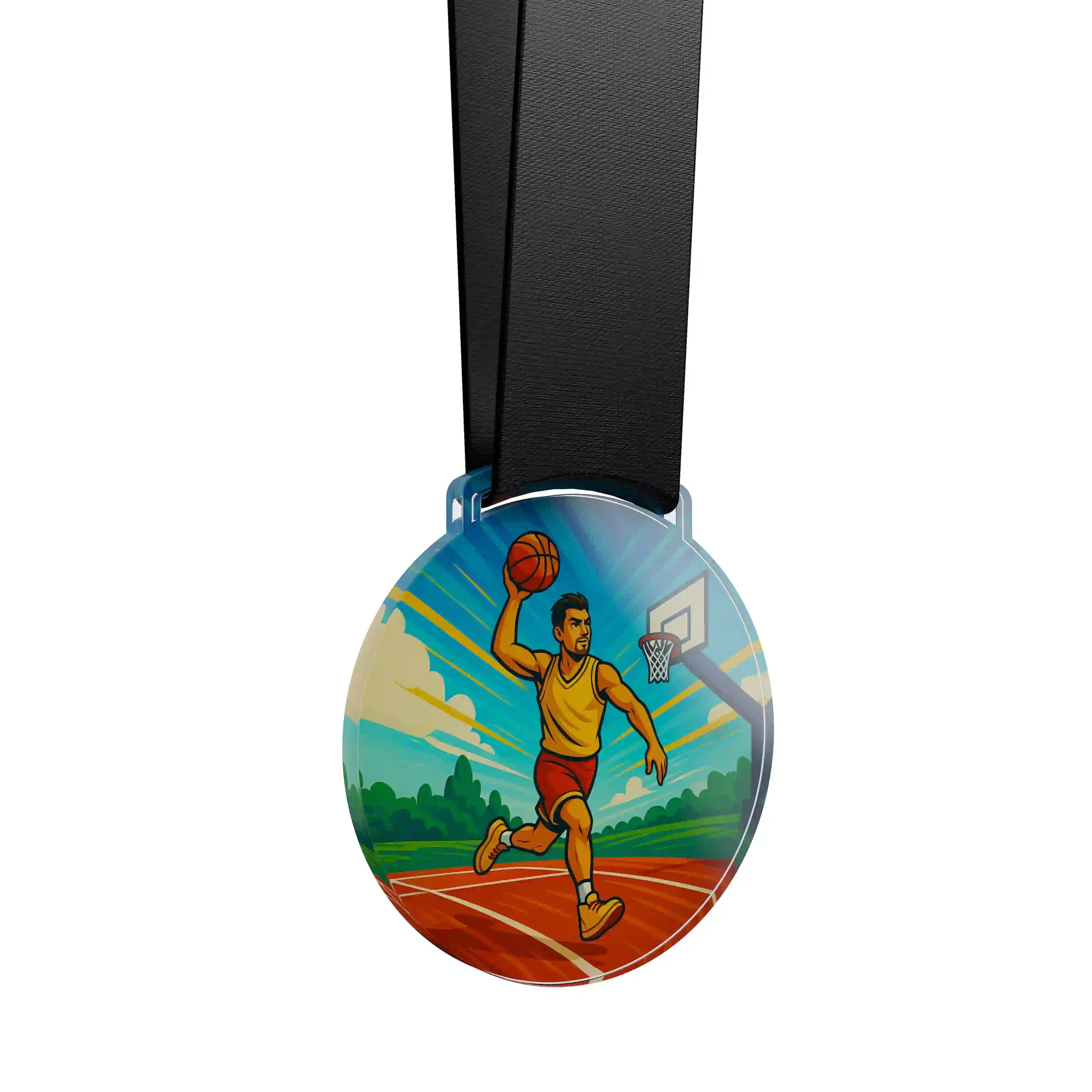 médaille en acrylique d'un homme mettant un panier au basketball