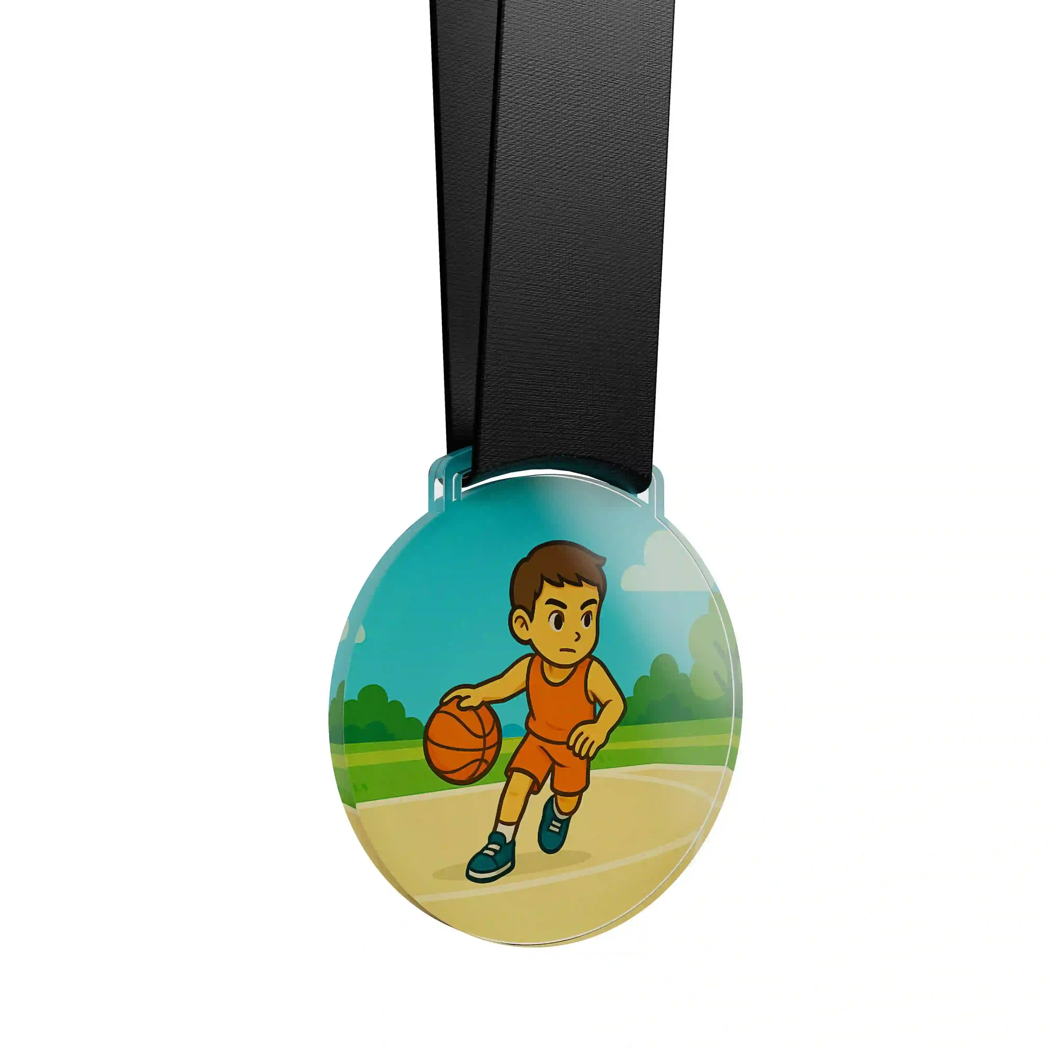 médaille acrylique d'un jeune dribblant au basket