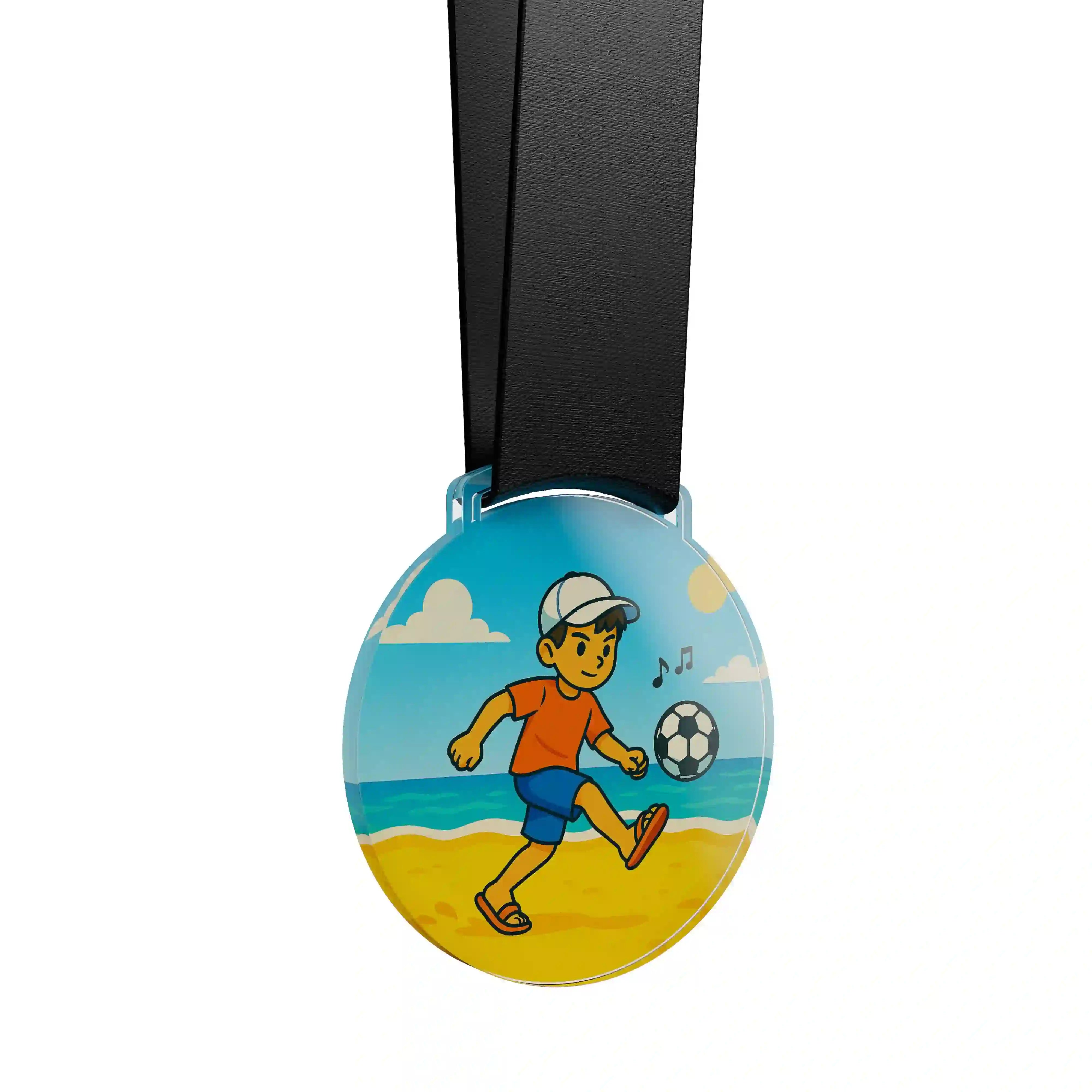 médaille acrylique d'un jeune garçon faisant du beach soccer
