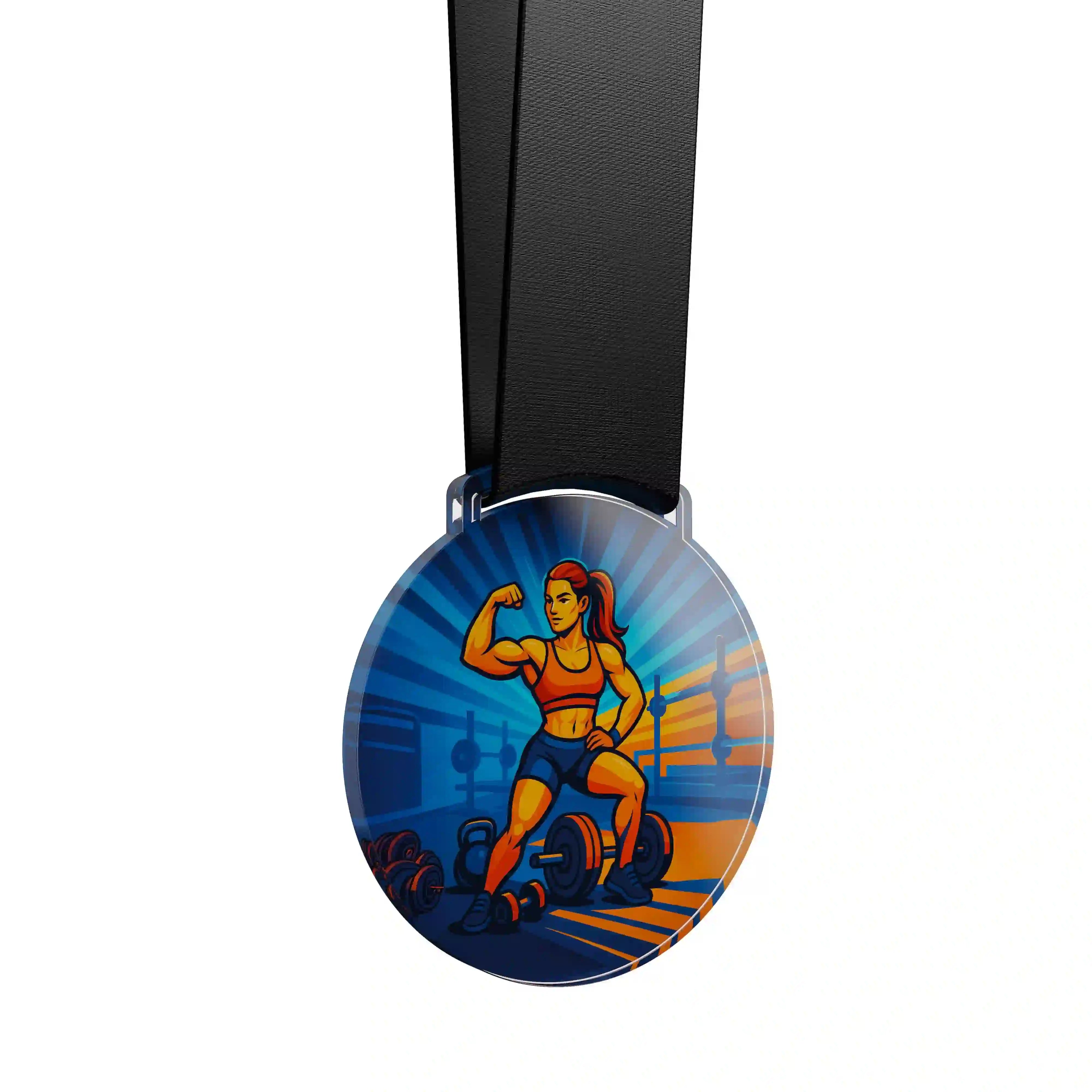 médaille en acrylique d'une femme faisant du bodybuilding