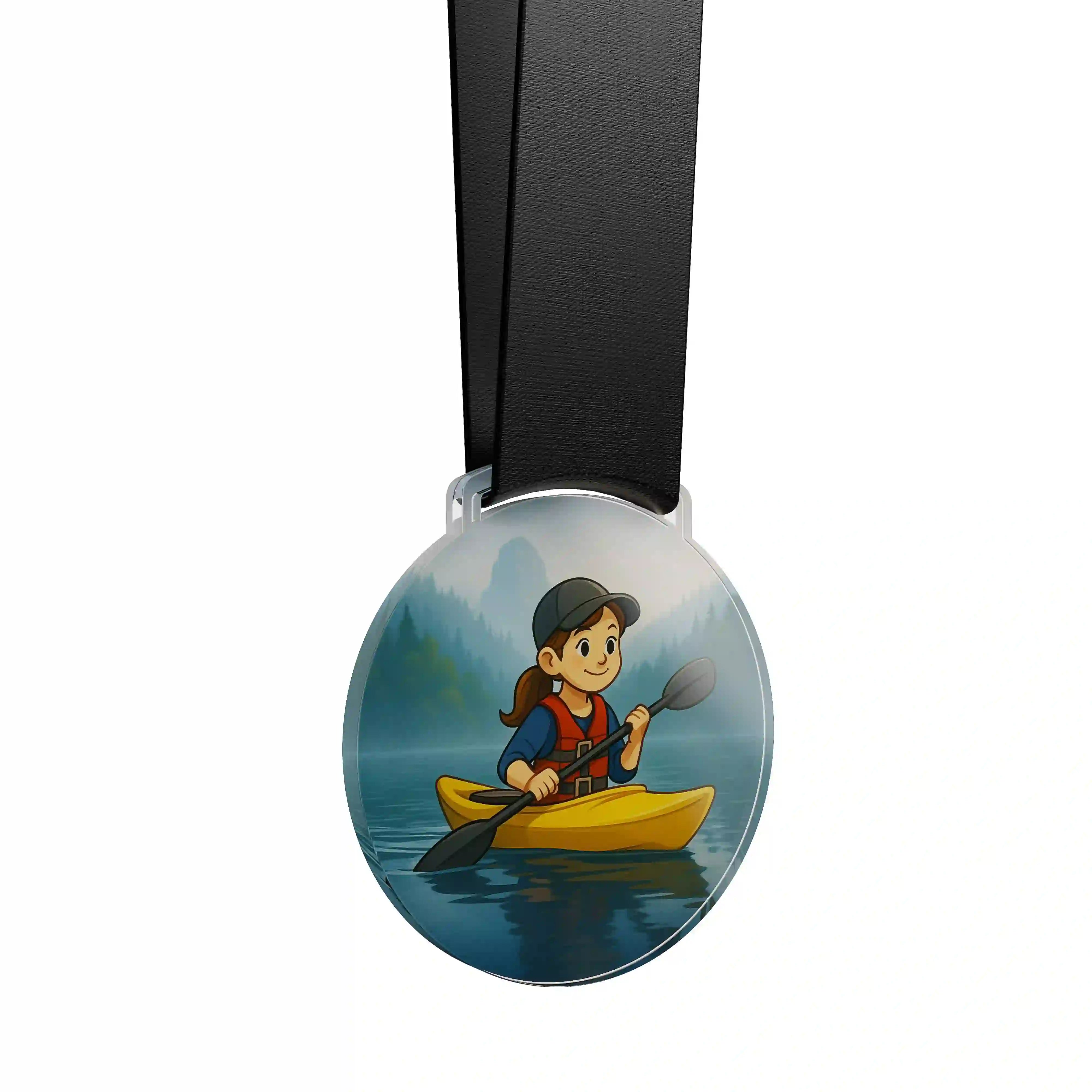 médaille acrylique d'une jeune fille faisant du canoë kayak