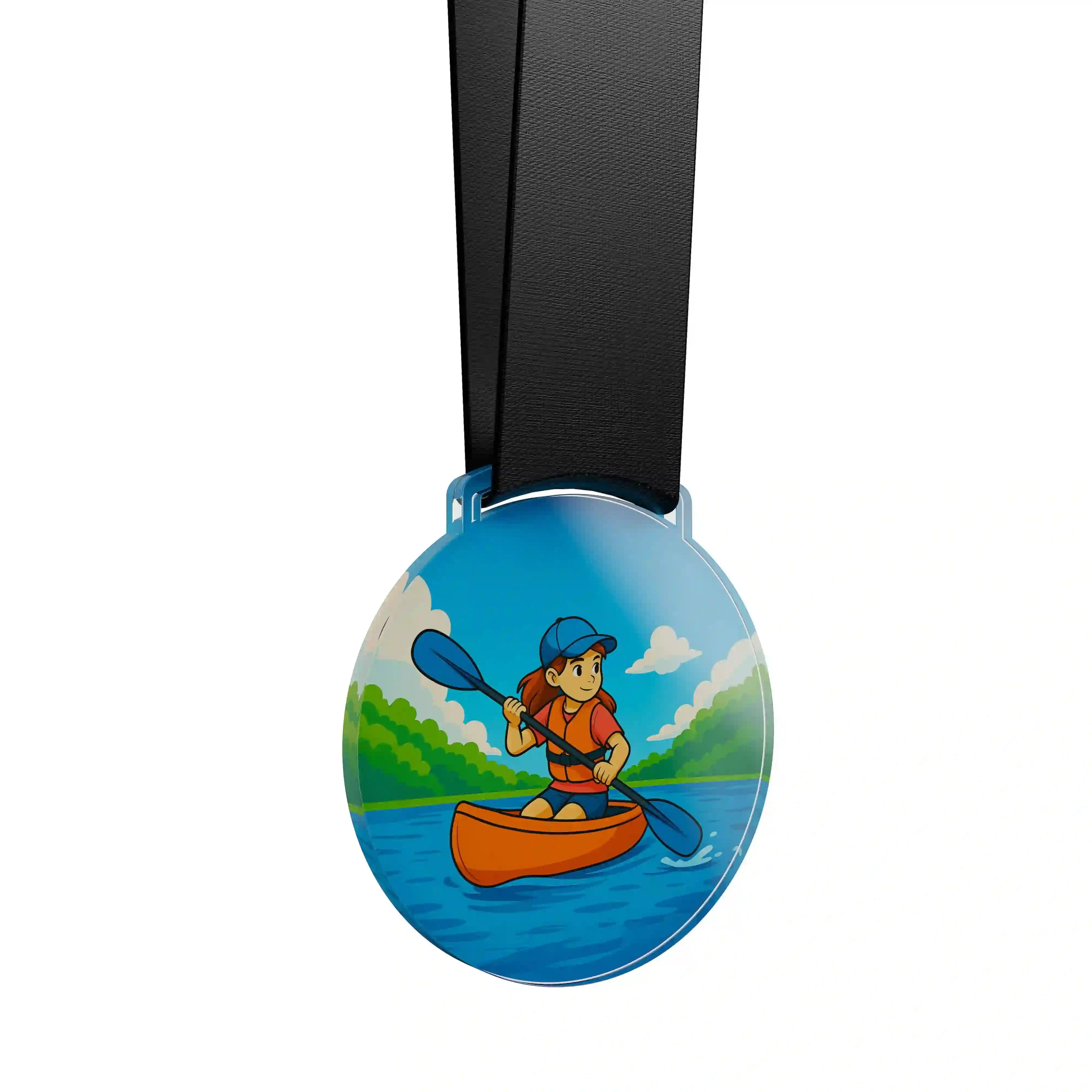 médaille acrylique d'une jeune fille faisant du canoë kayak