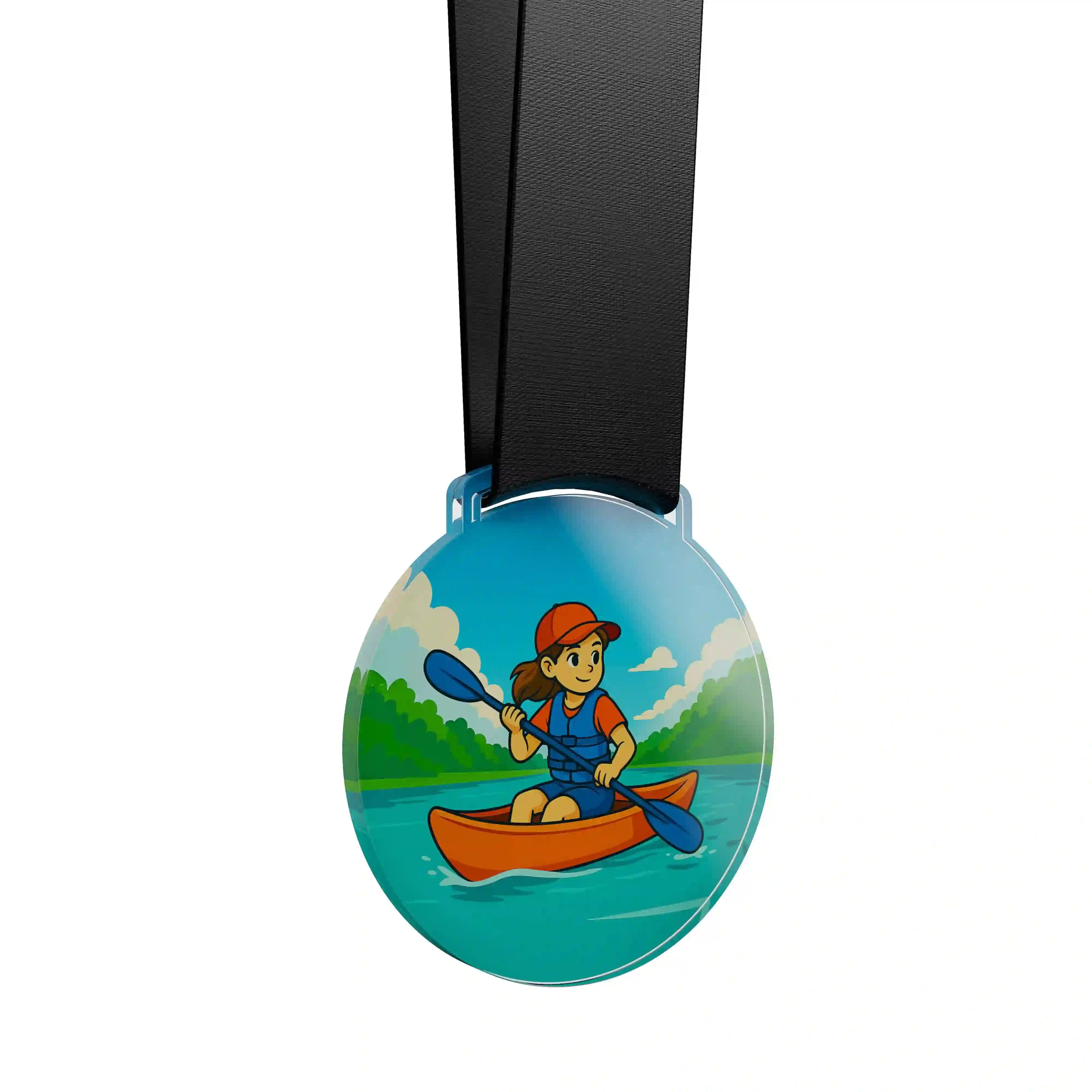 médaille acrylique d'une jeune fille faisant du canoë kayak