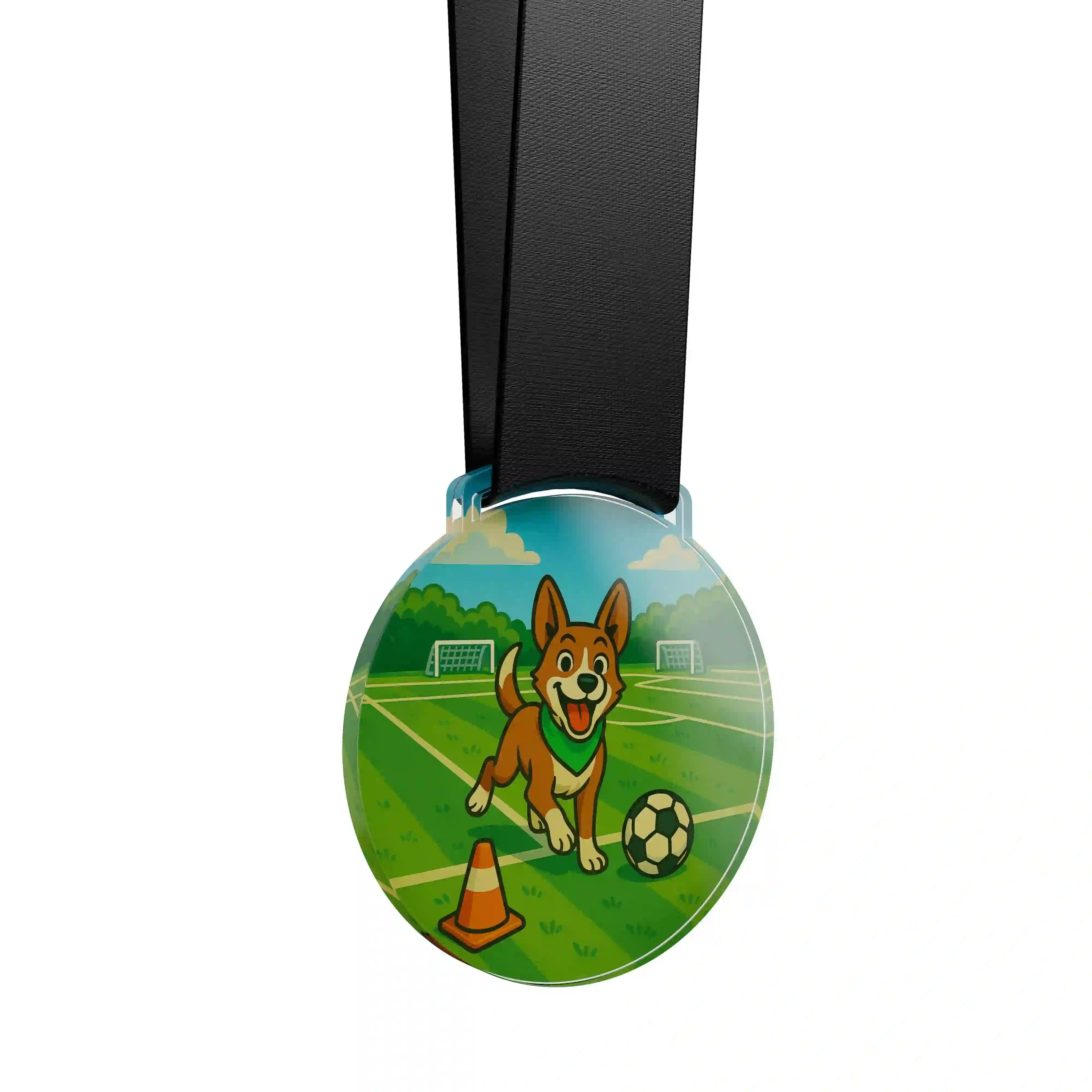 médaille acrylique d'un chien sur un terrain de football