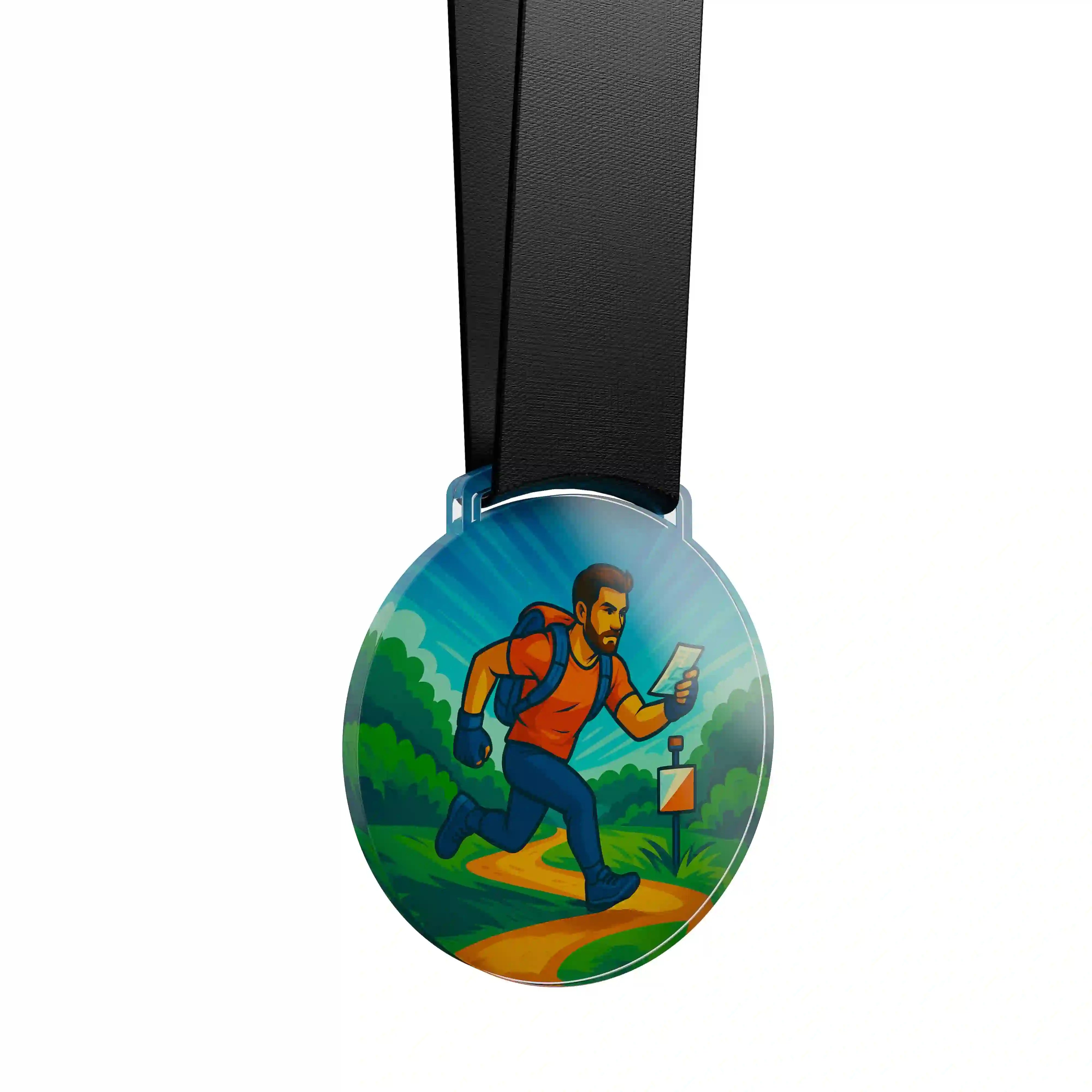 médaille en acrylique d'un homme faisant une course d'orientation