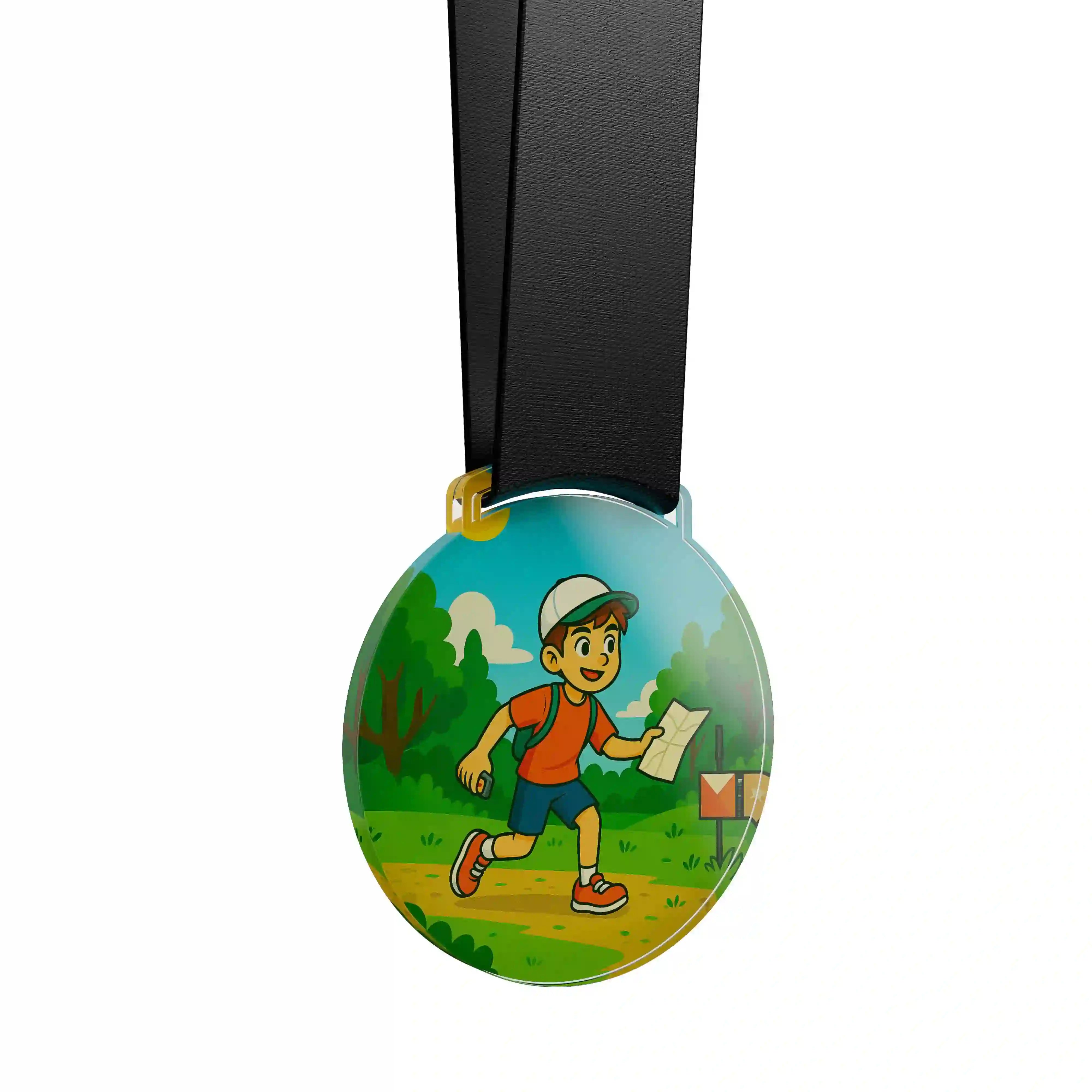 médaille en acrylique d'un jeune garçon faisant de la course d'orientation