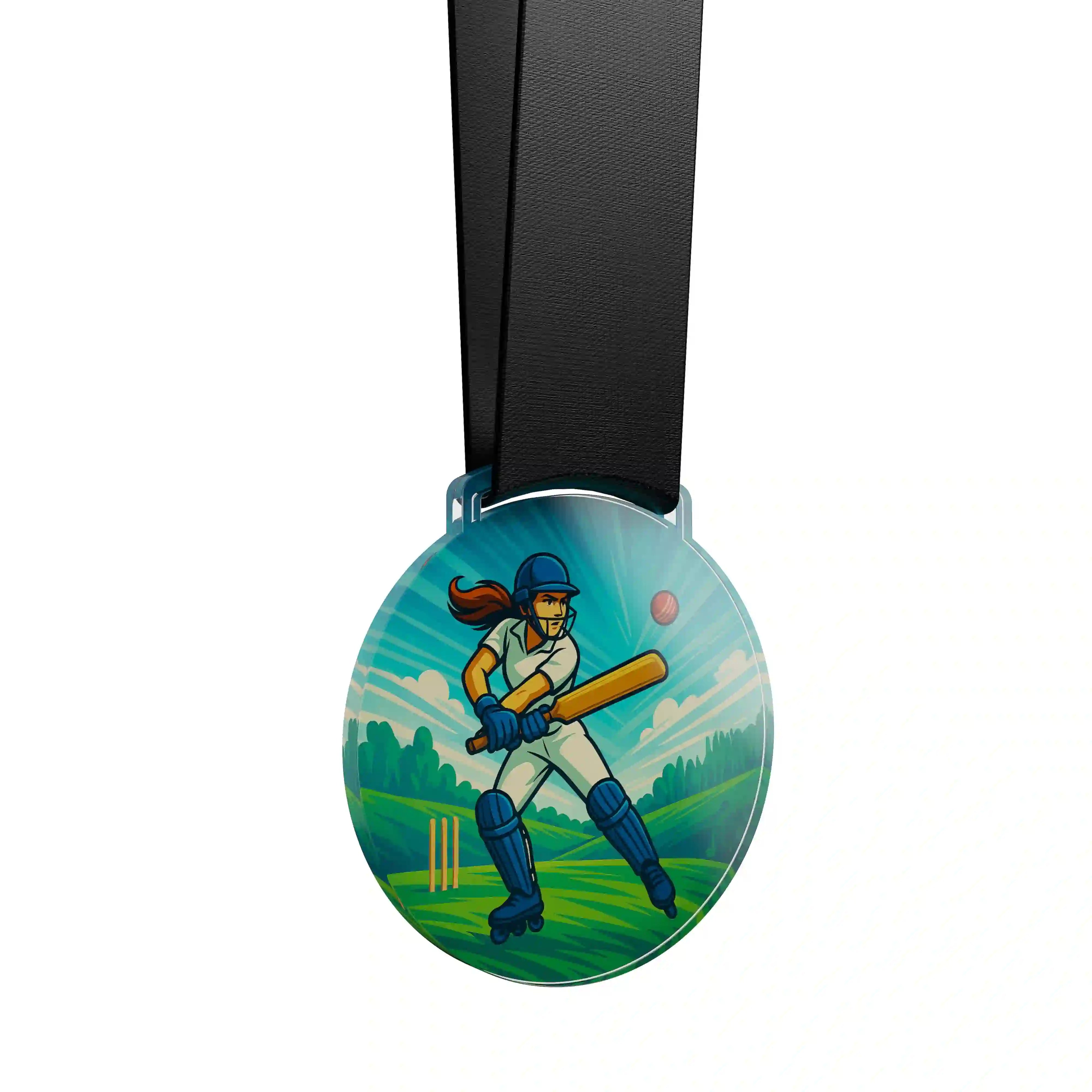 médaille en acrylique d'une femme faisant du cricket