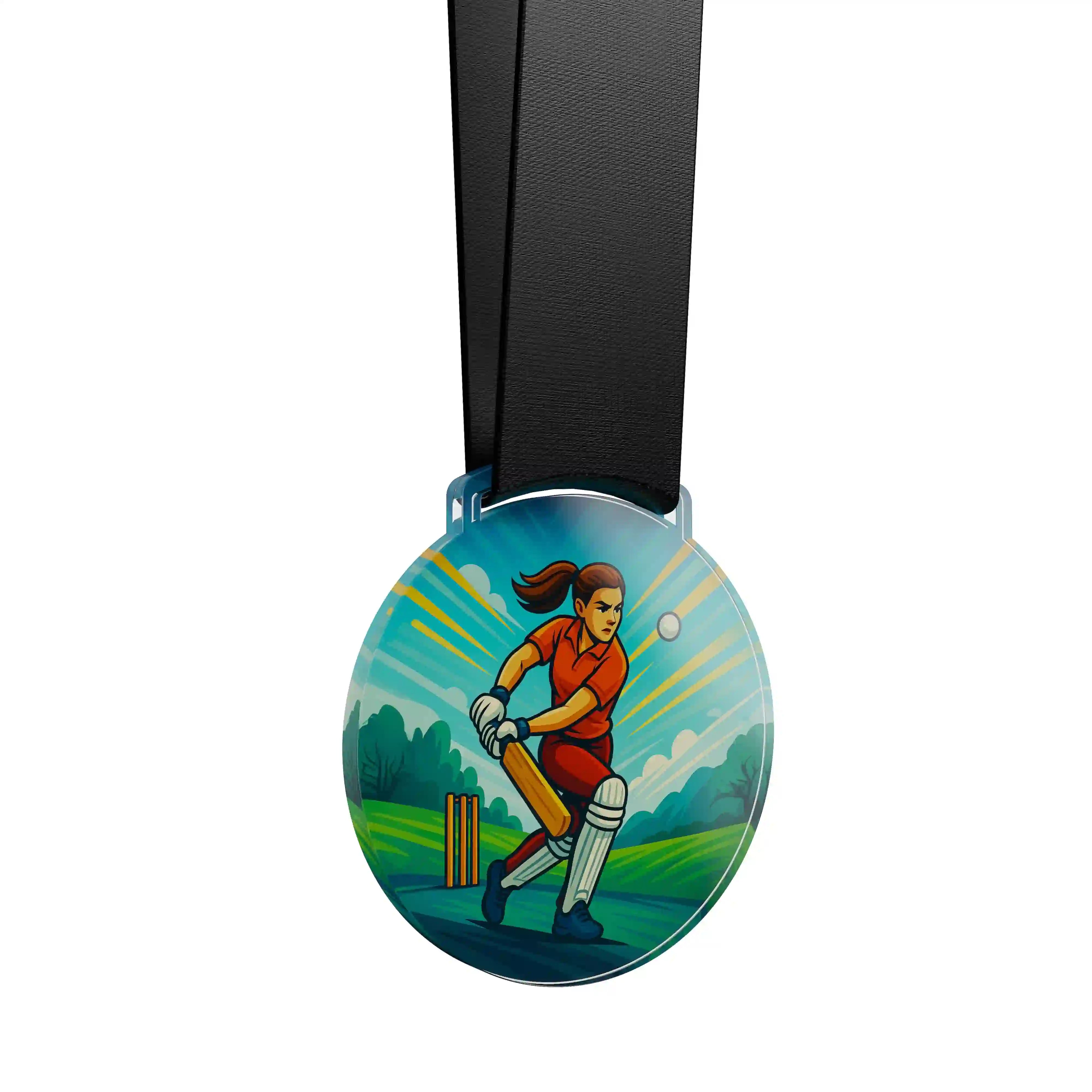 médaille en acrylique d'une femme faisant du cricket