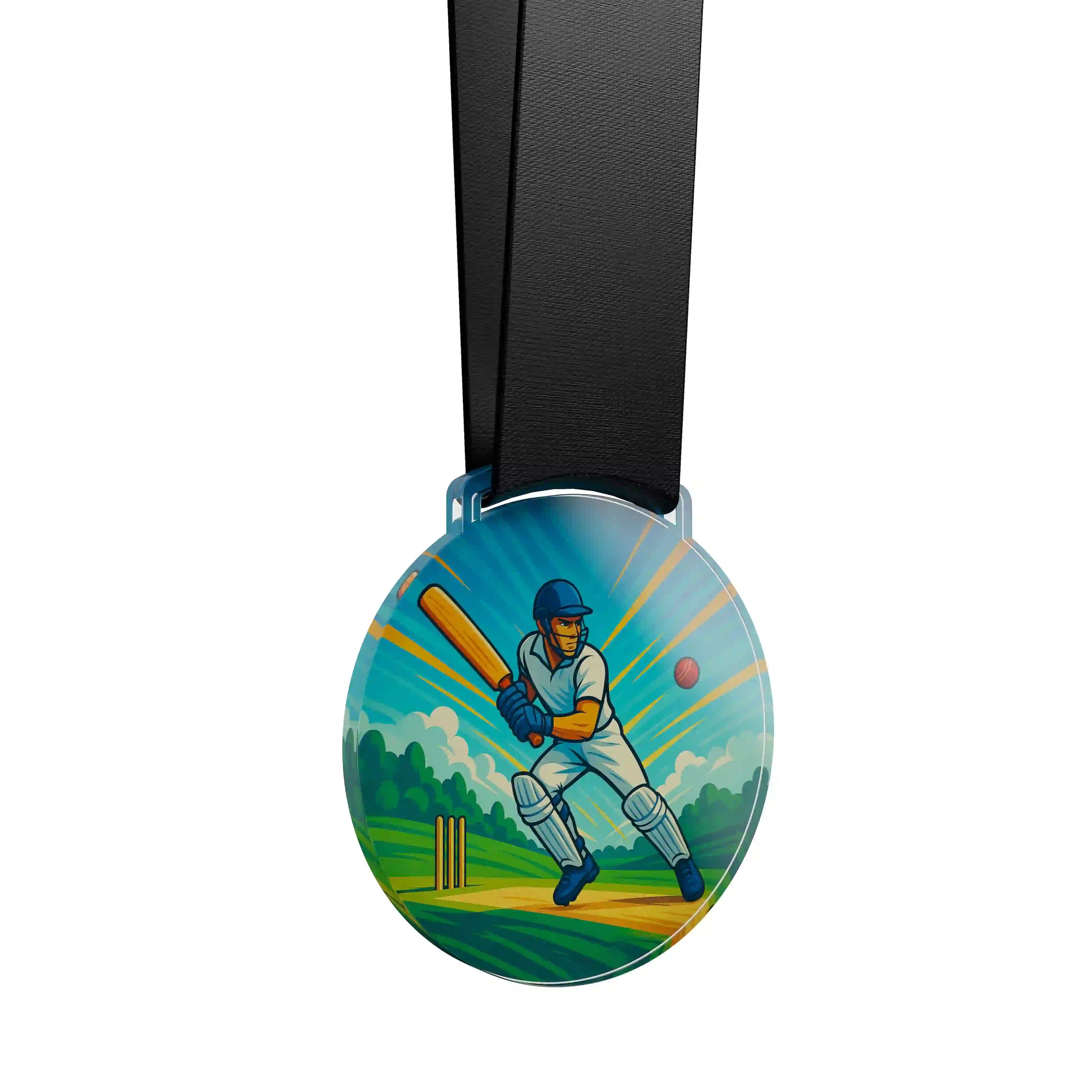 médaille en acrylique d'un homme faisant du cricket