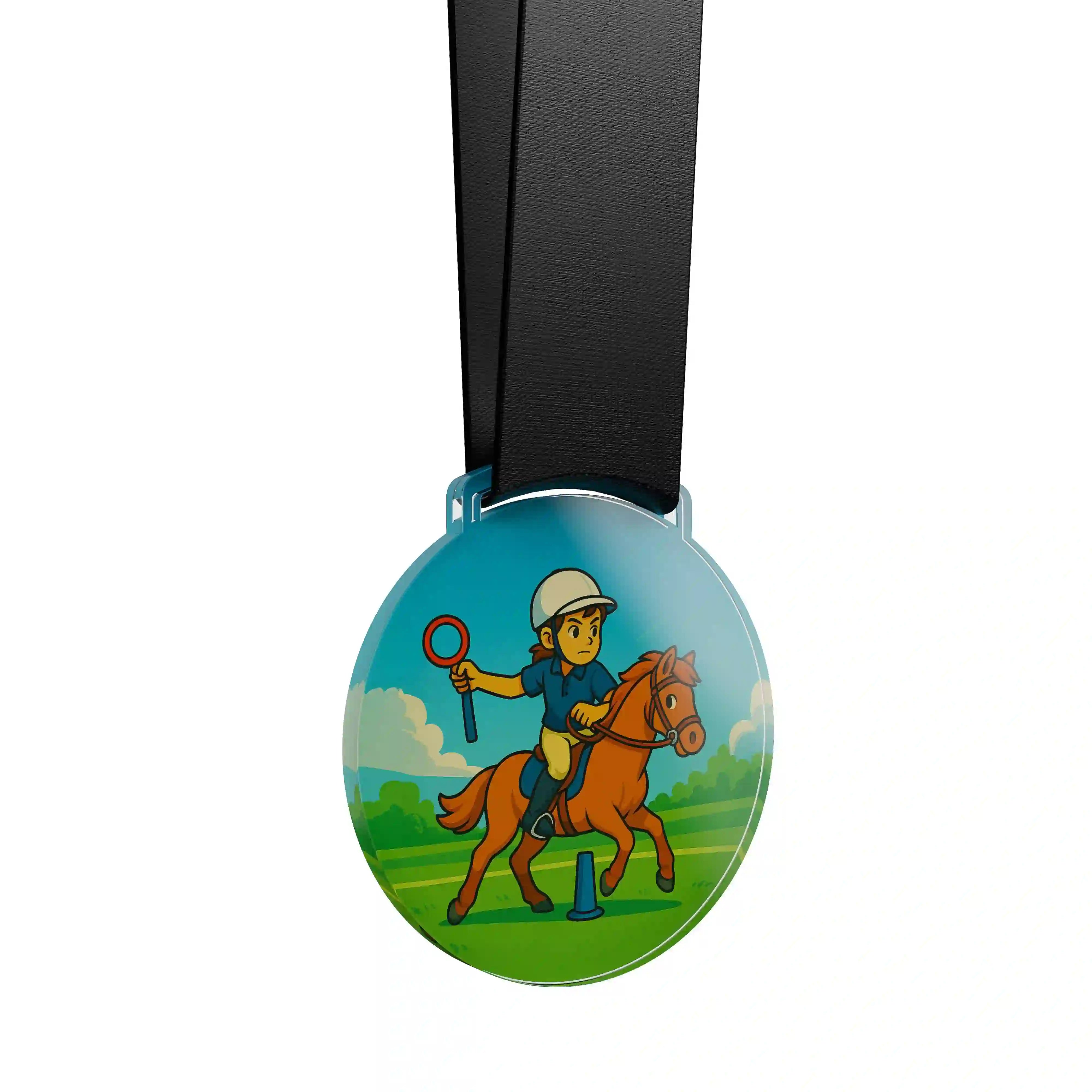 médaille acrylique d'une jeune fille faisant de l’équestre pony game