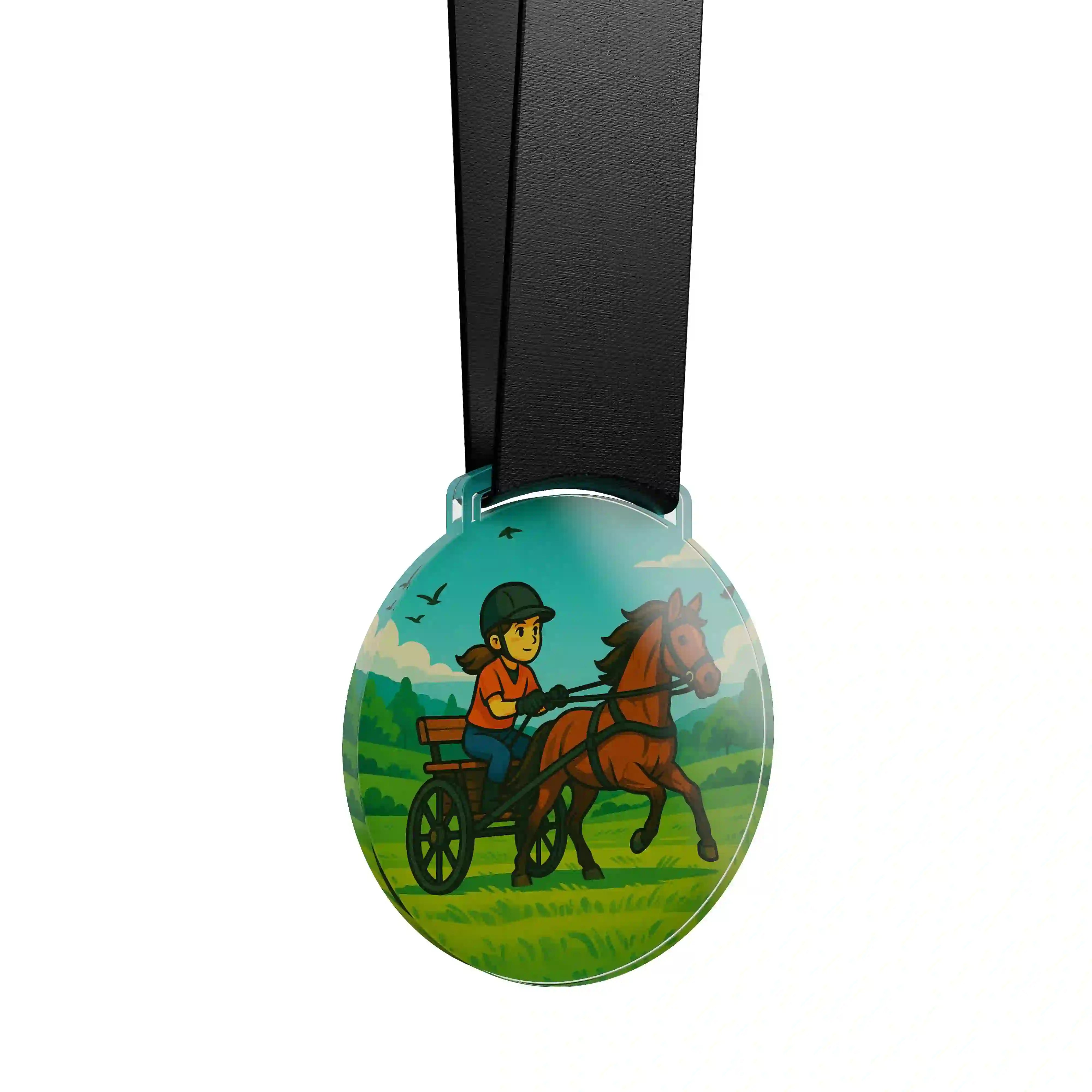 médaille acrylique d'une jeune fille faisant de l’équestre attelage