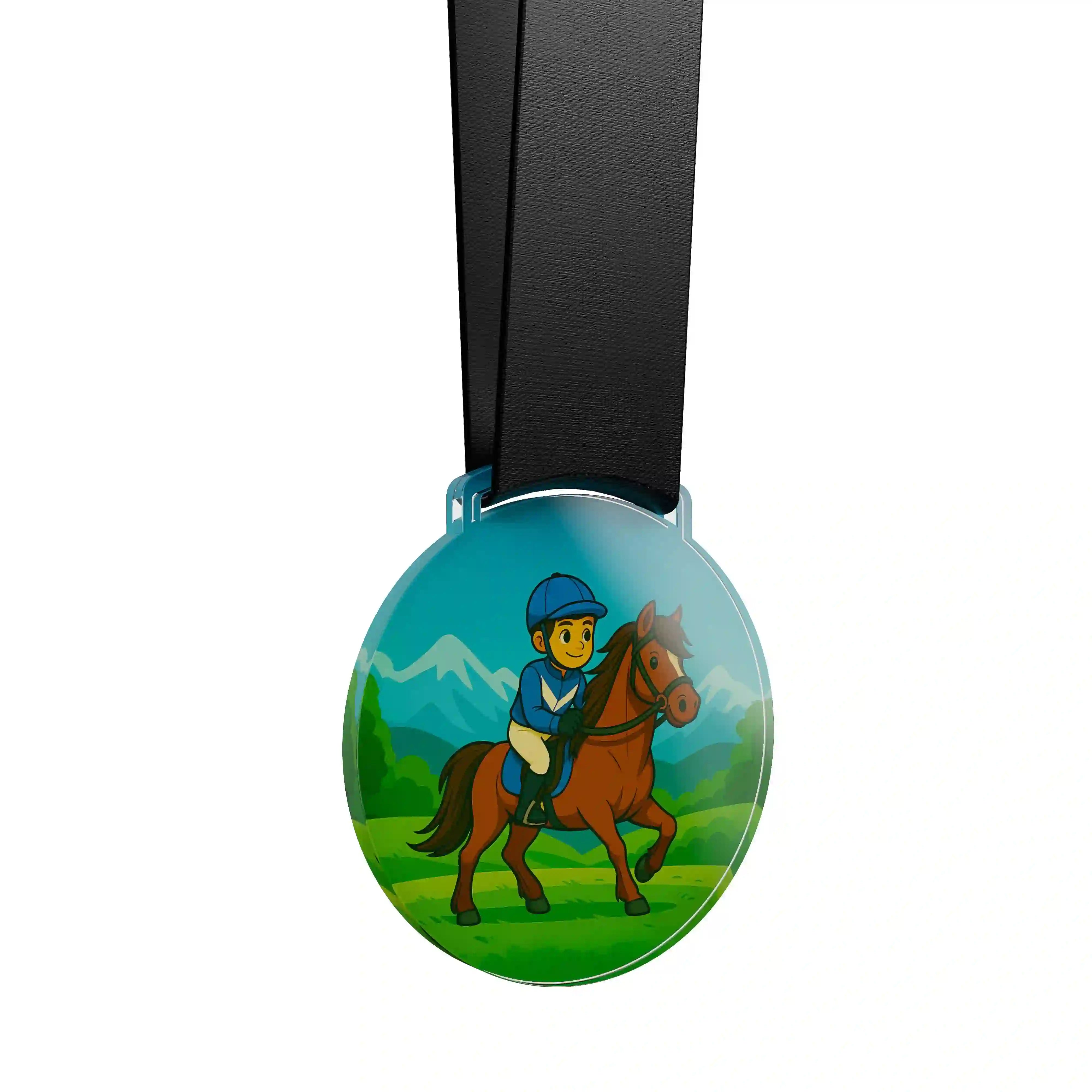 médaille acrylique d'un jeune garçon faisant de l'équitation