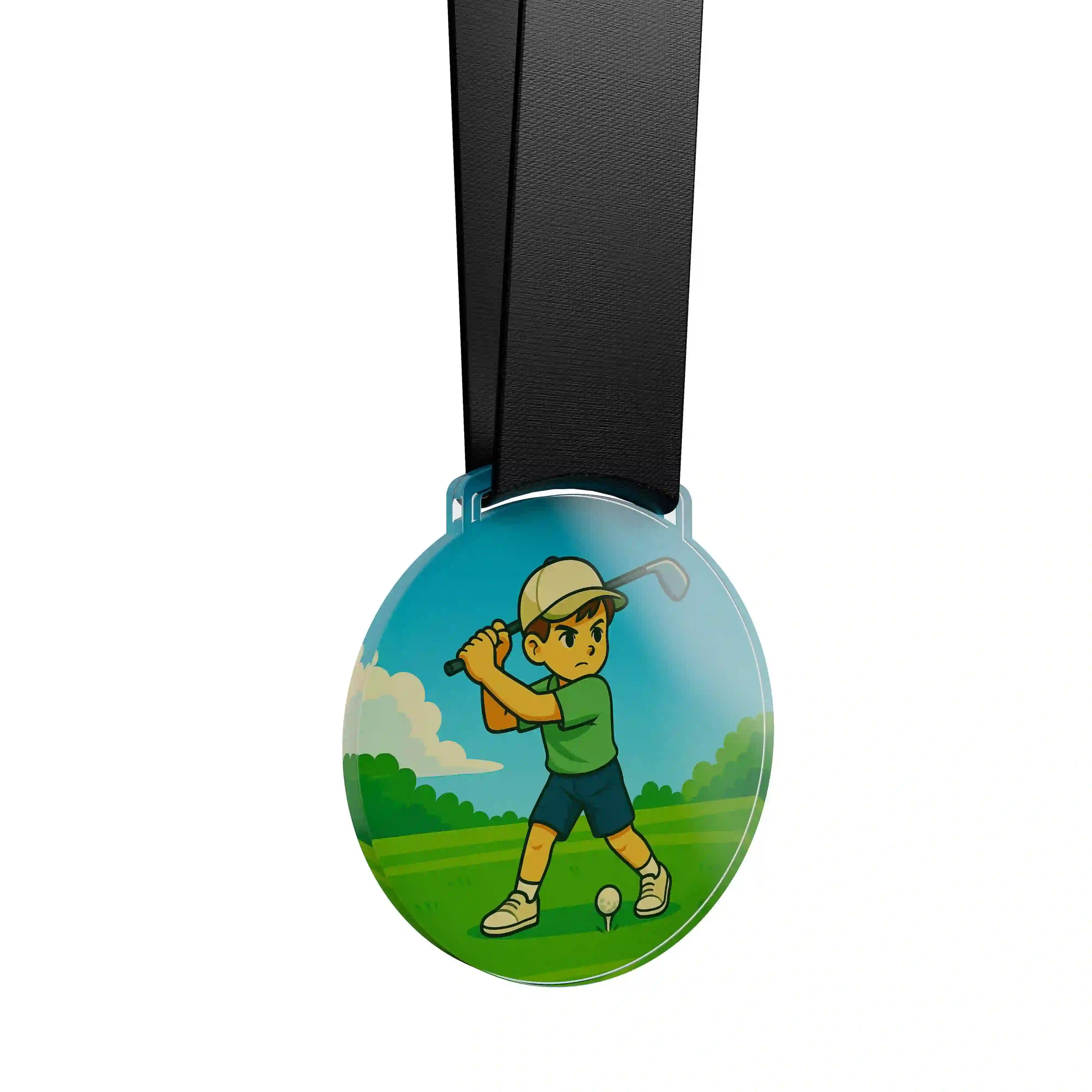 médaille acrylique d'un jeune garçon faisant du golf