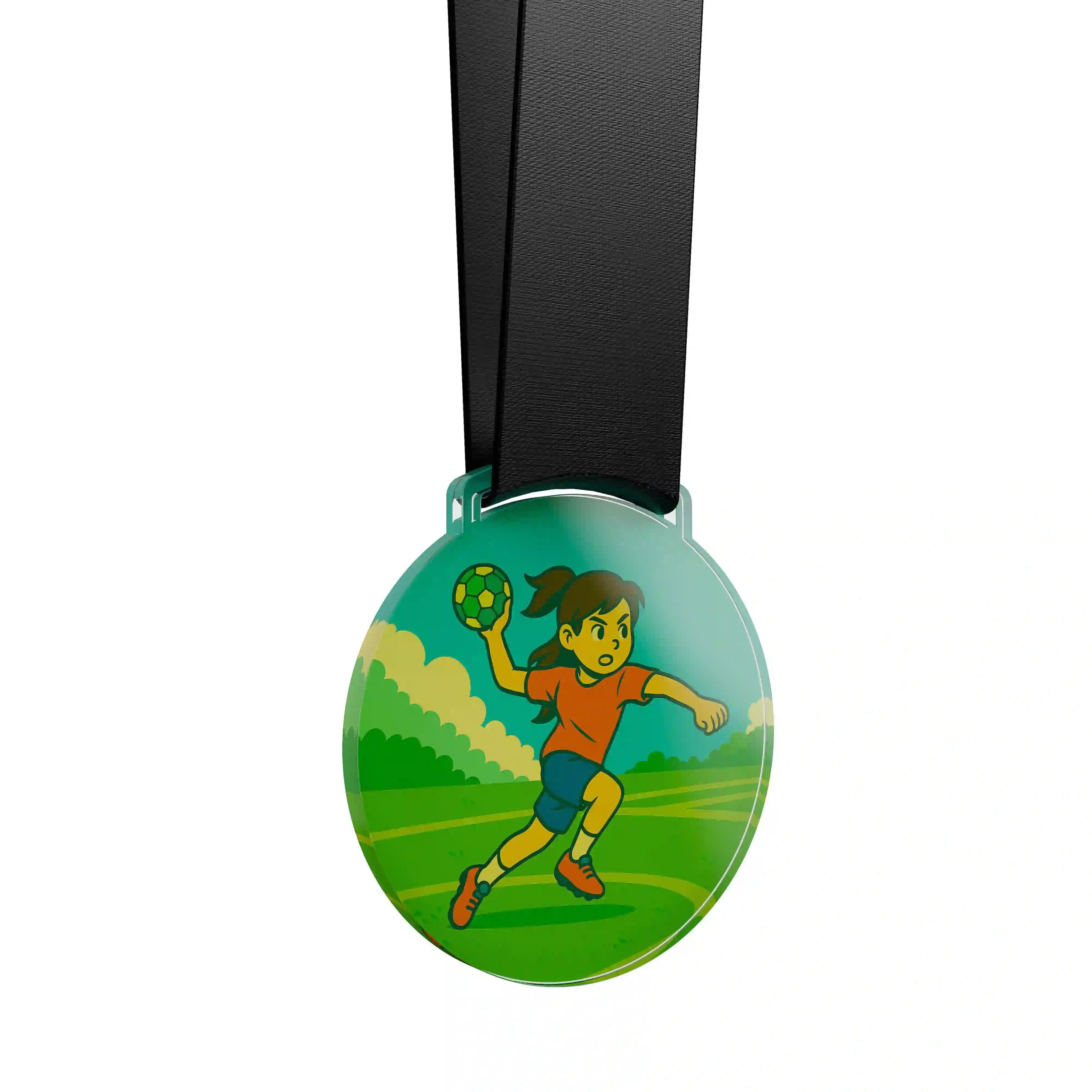 médaille acrylique d'une jeune fille faisant du handball
