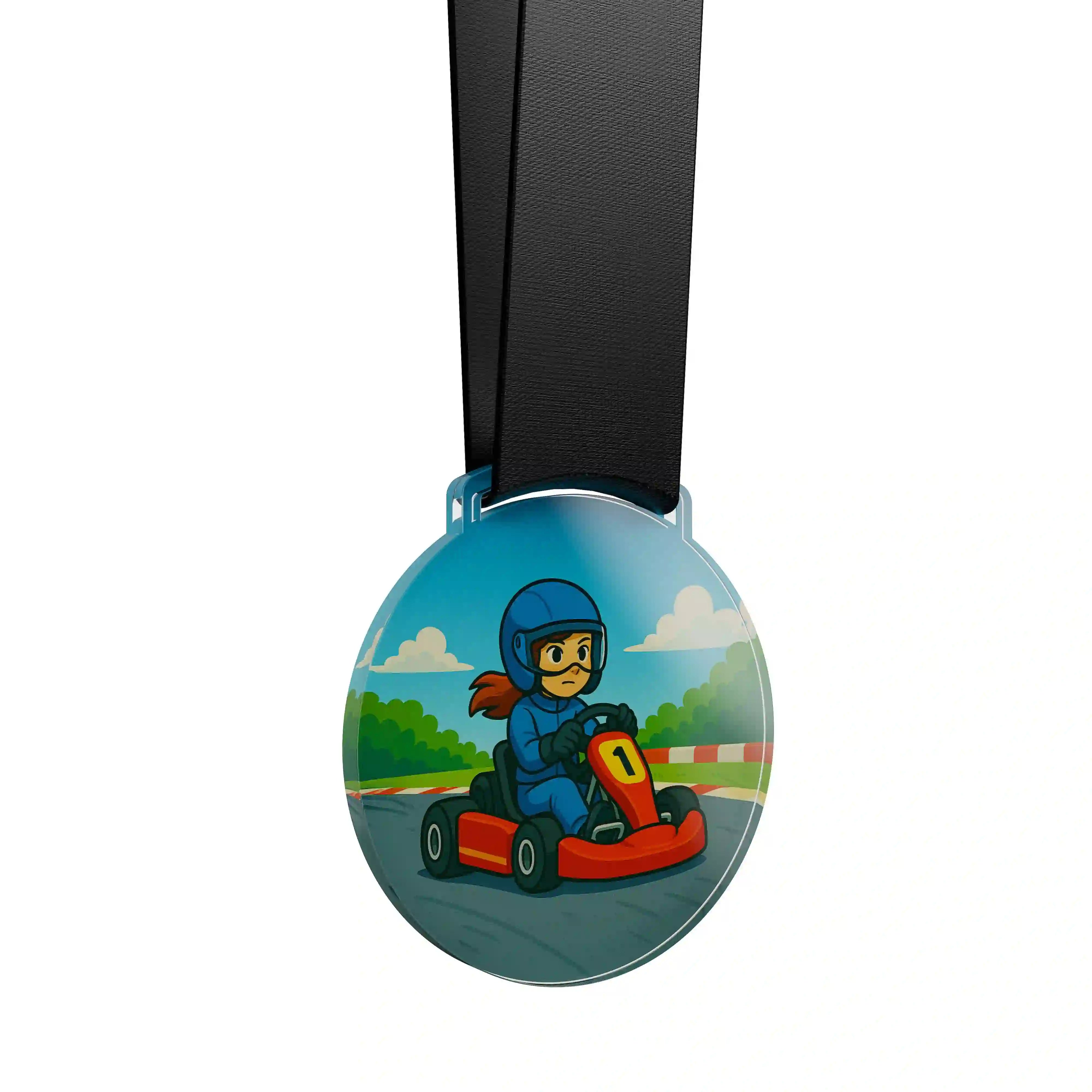 médaille acrylique d'une jeune fille faisant du karting