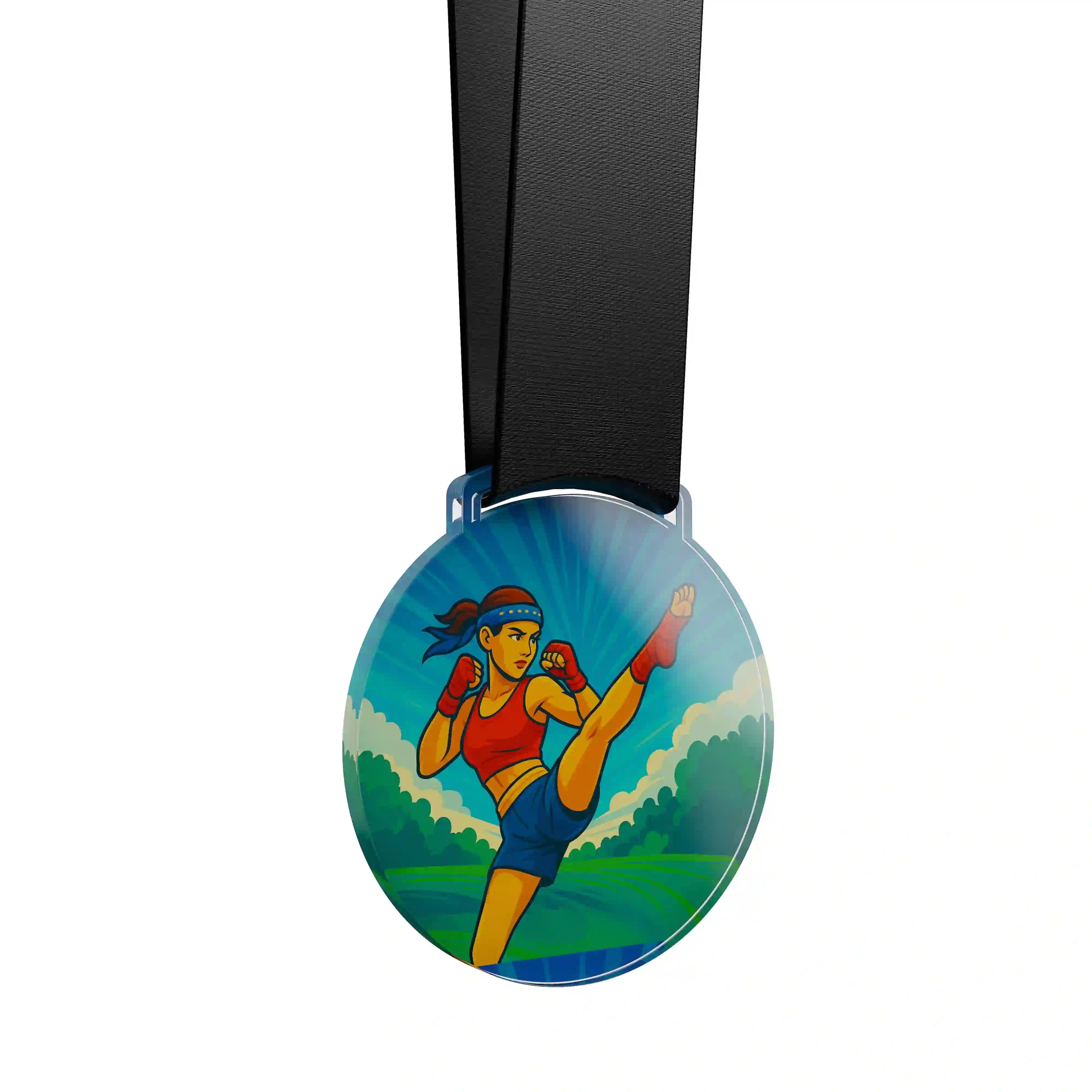 médaille acrylique d'une femme faisant du muay thaï