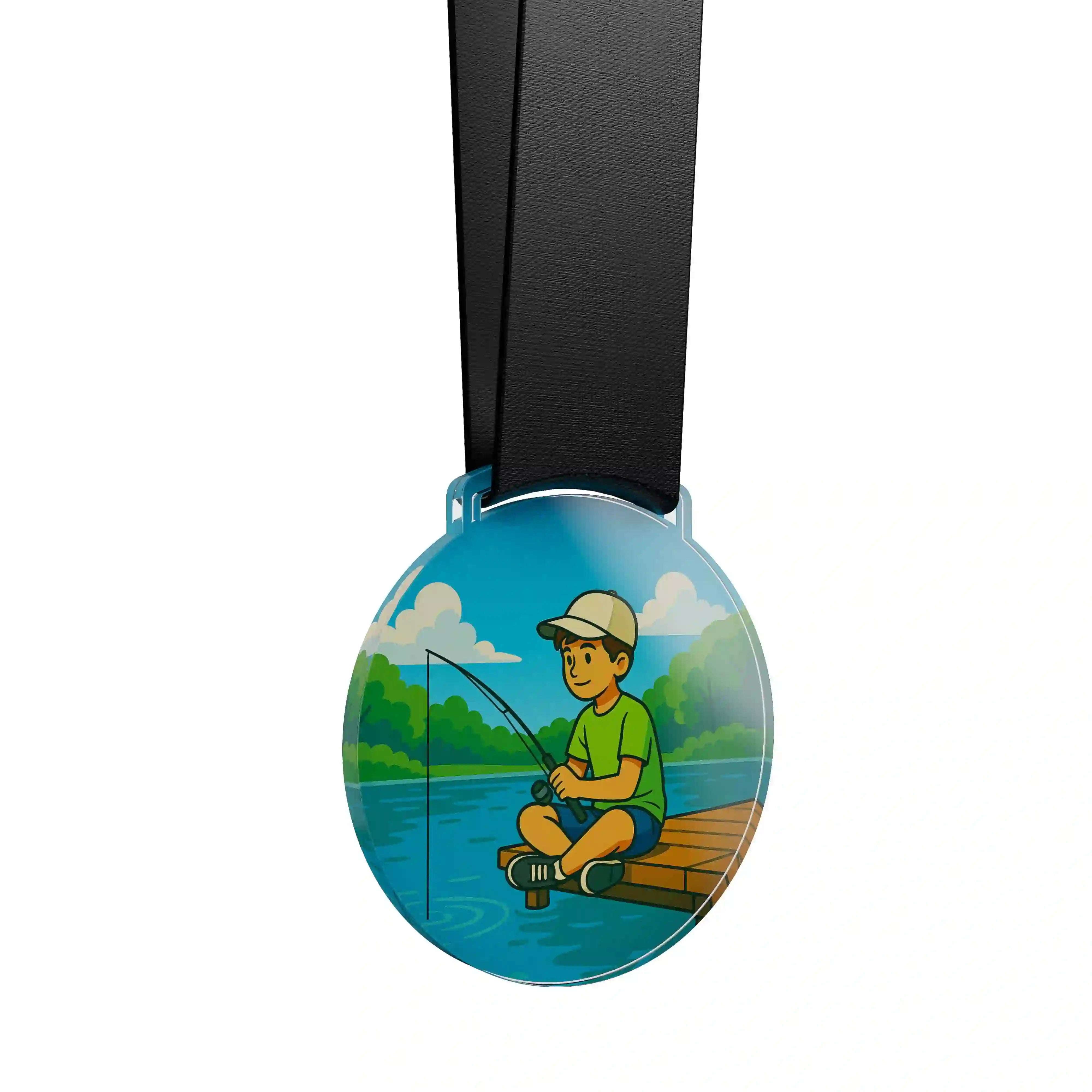 médaille acrylique d'un jeune garçon qui pêche