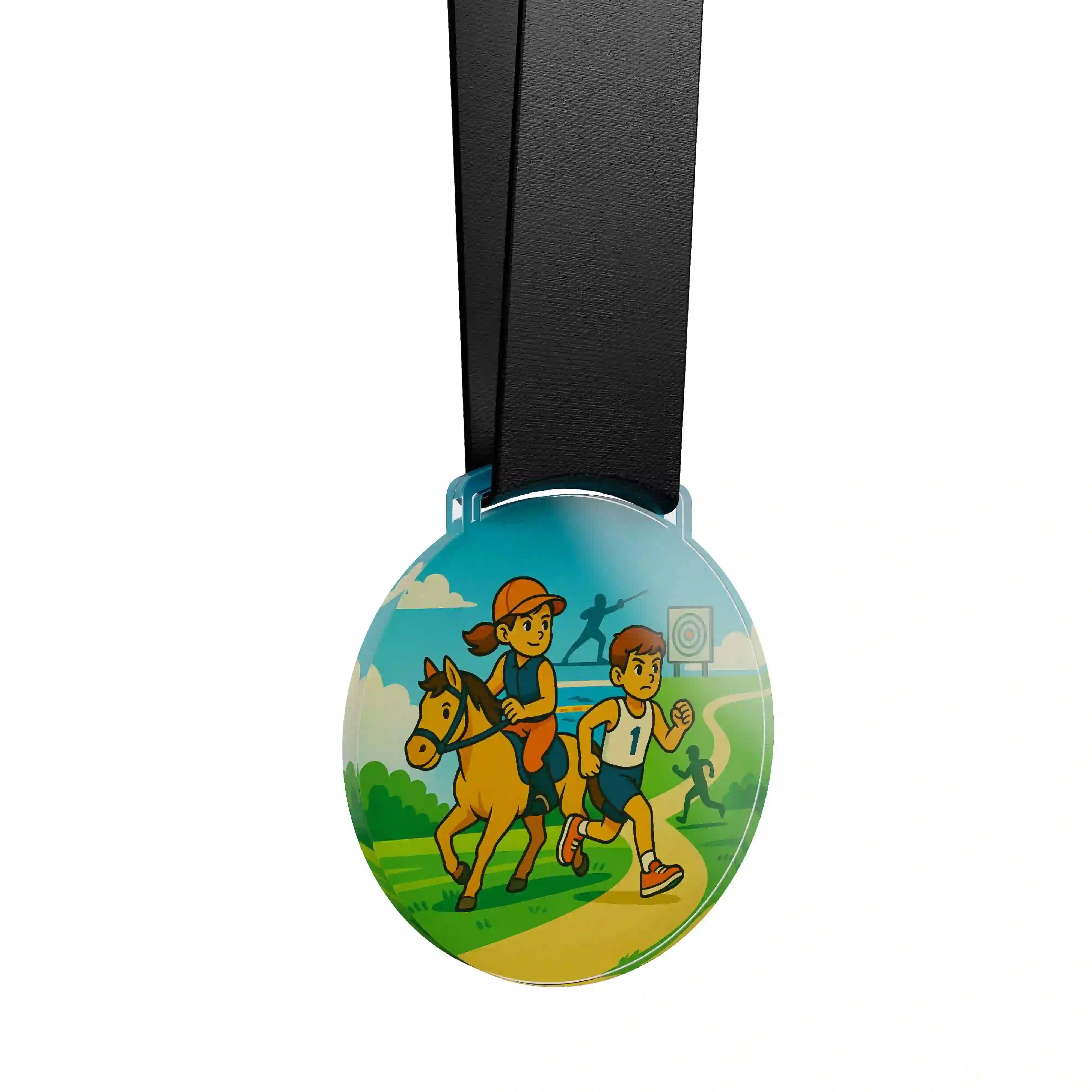 médaille acrylique d'enfants faisant du pentathlon moderne