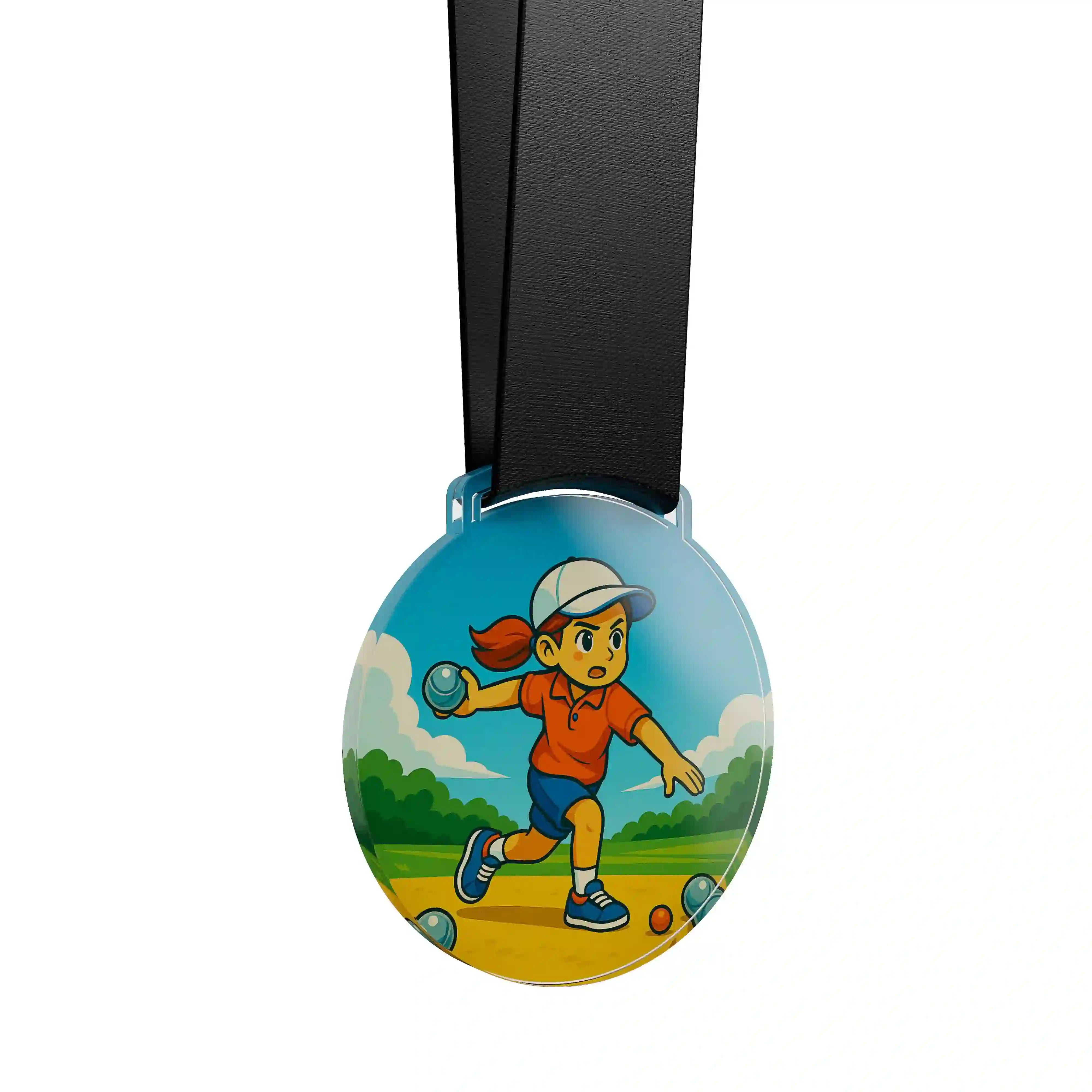 médaille acrylique d'une jeune fille faisant de la pétanque