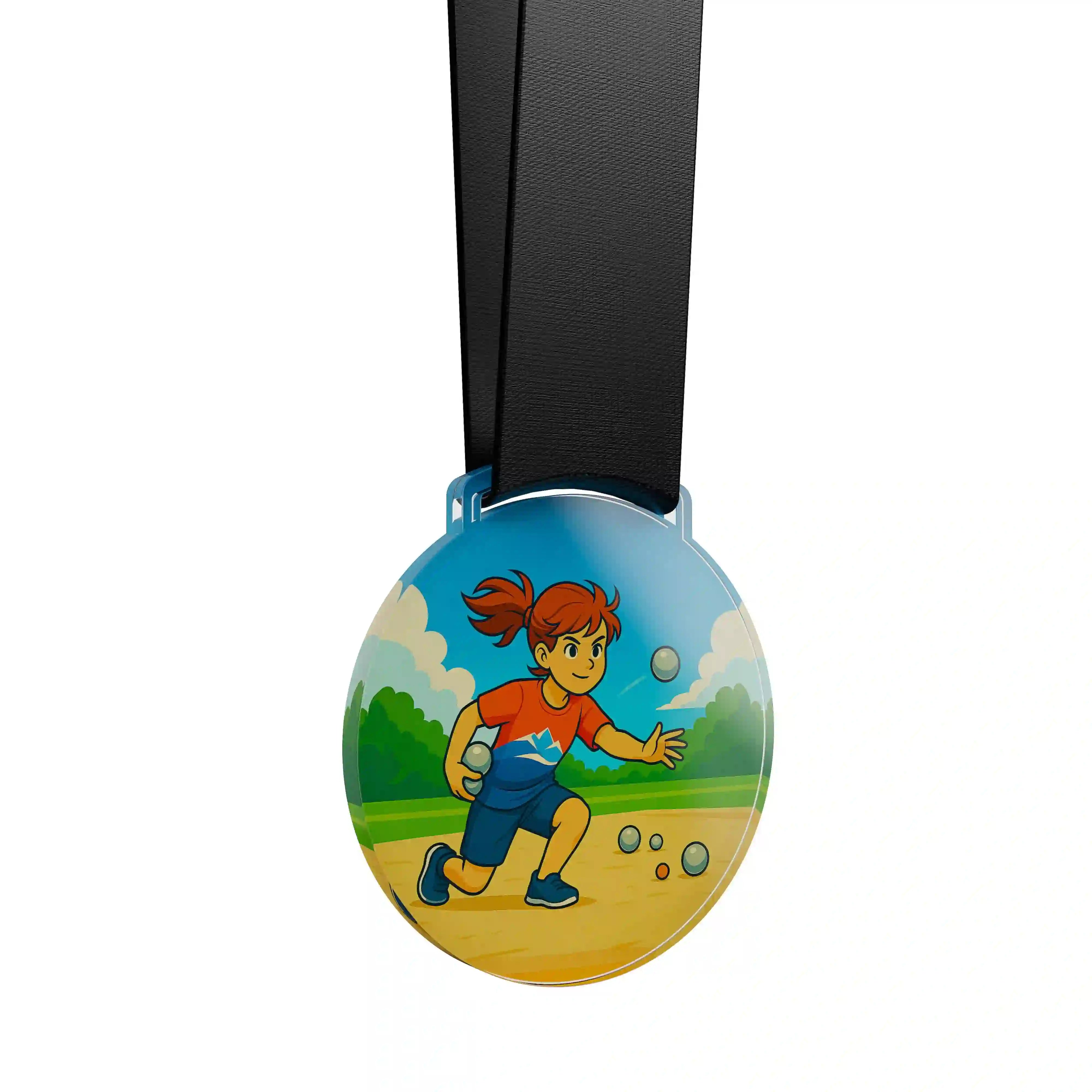 médaille acrylique d'une jeune fille faisant de la pétanque