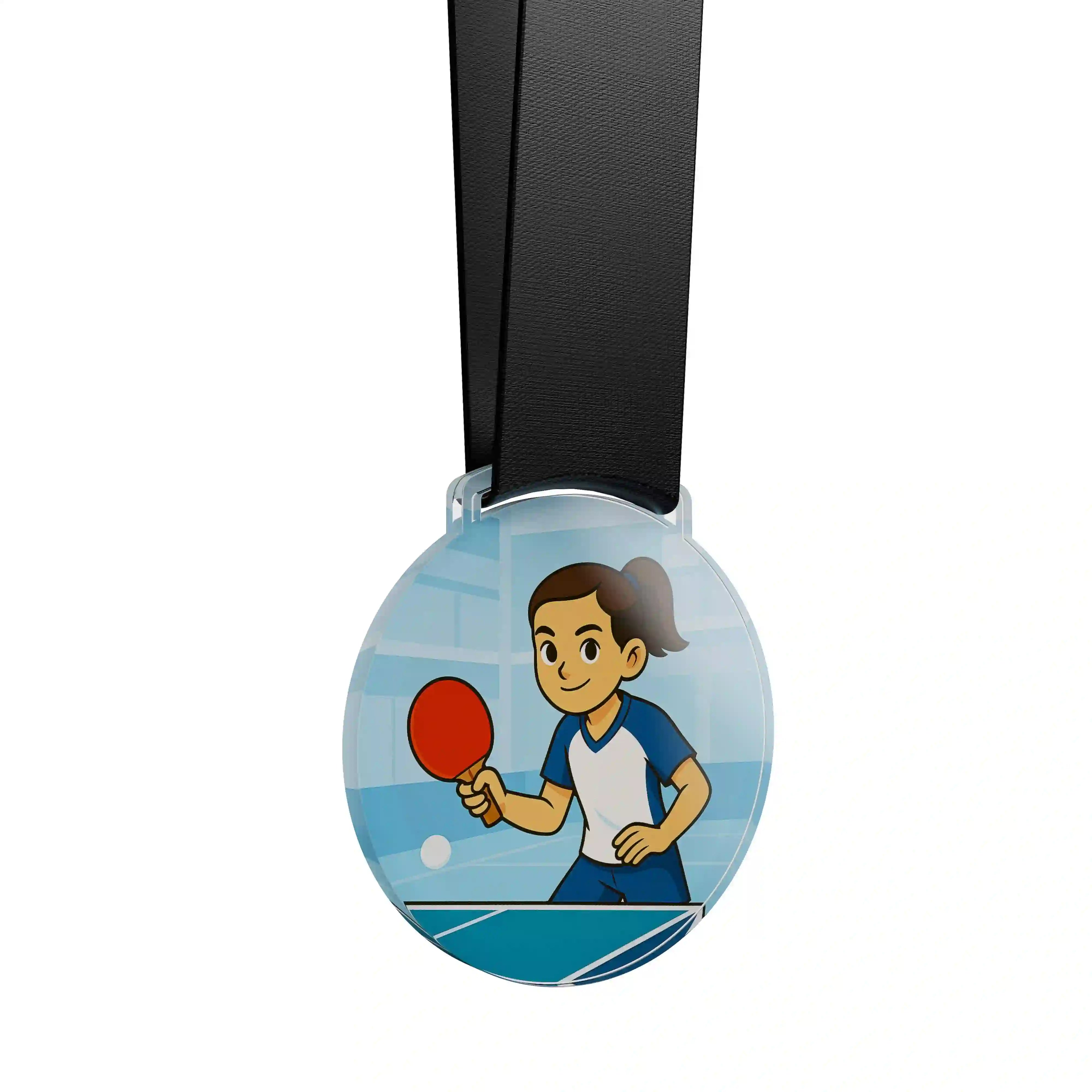 médaille acrylique d'une jeune fille faisant du ping pong
