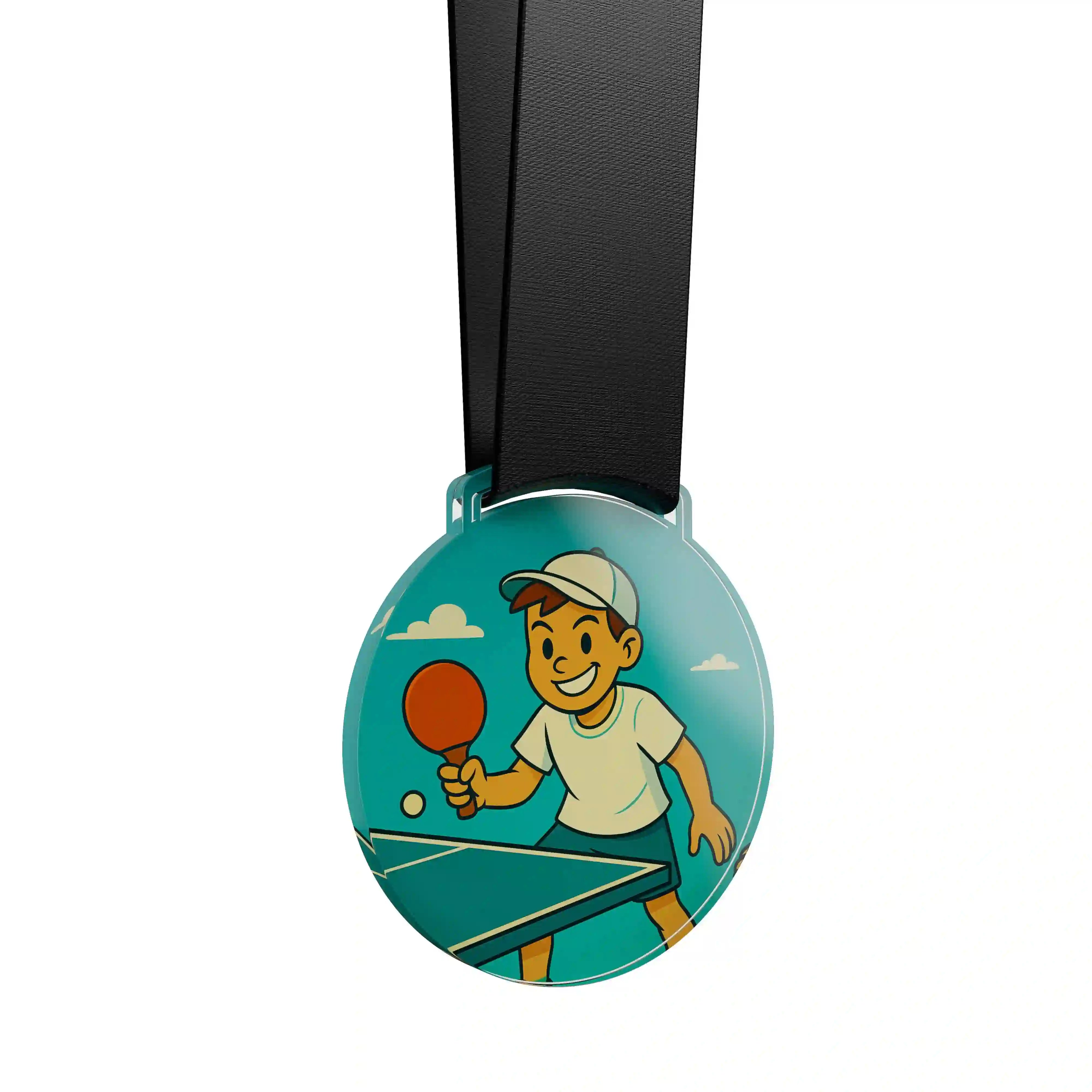 médaille acrylique d'un jeune garçon faisant du ping pong
