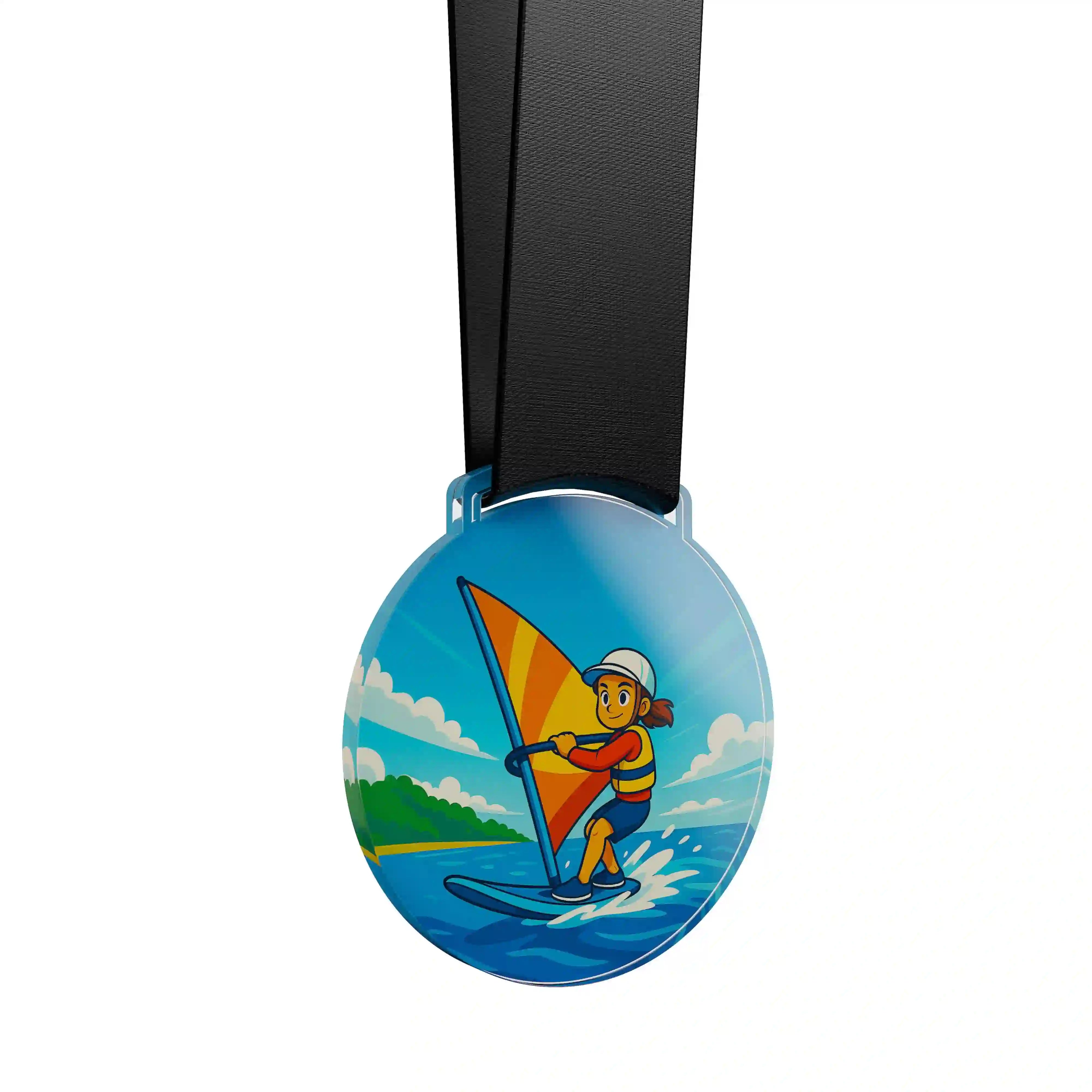médaille acrylique d'une jeune fille faisant de la planche à voile