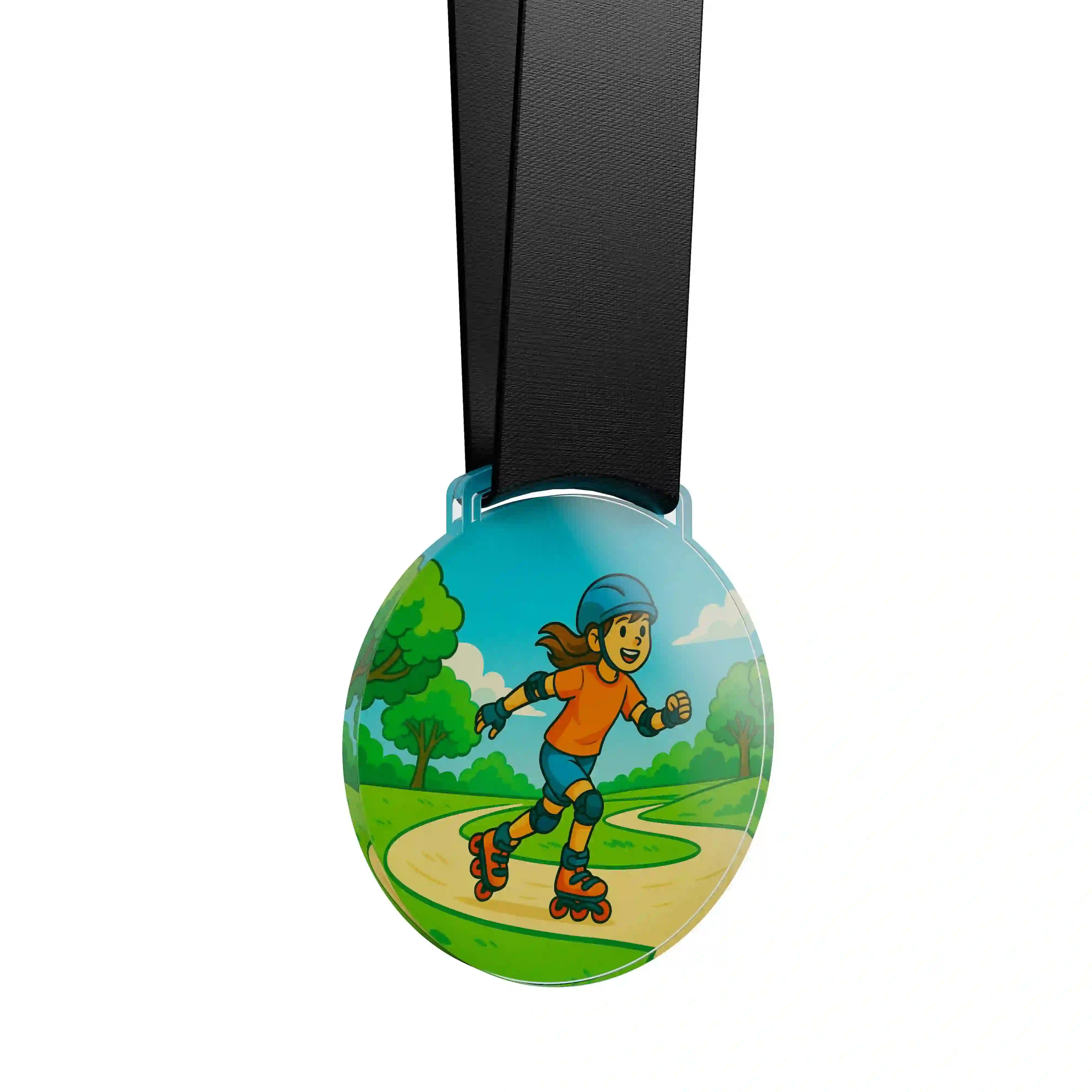 médaille acrylique d'une jeune fille faisant du roller