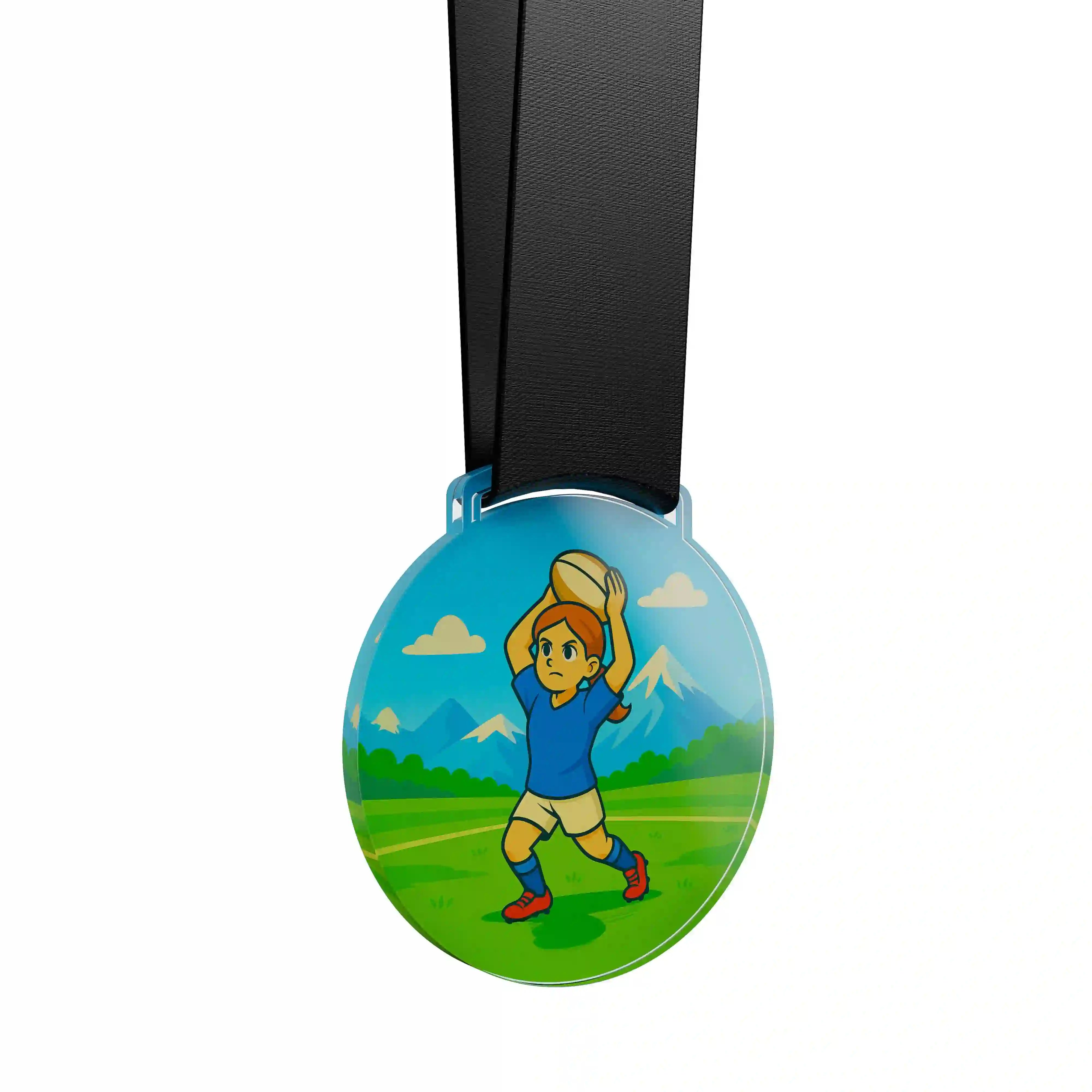 médaille acrylique d'une jeune fille faisant du rugby
