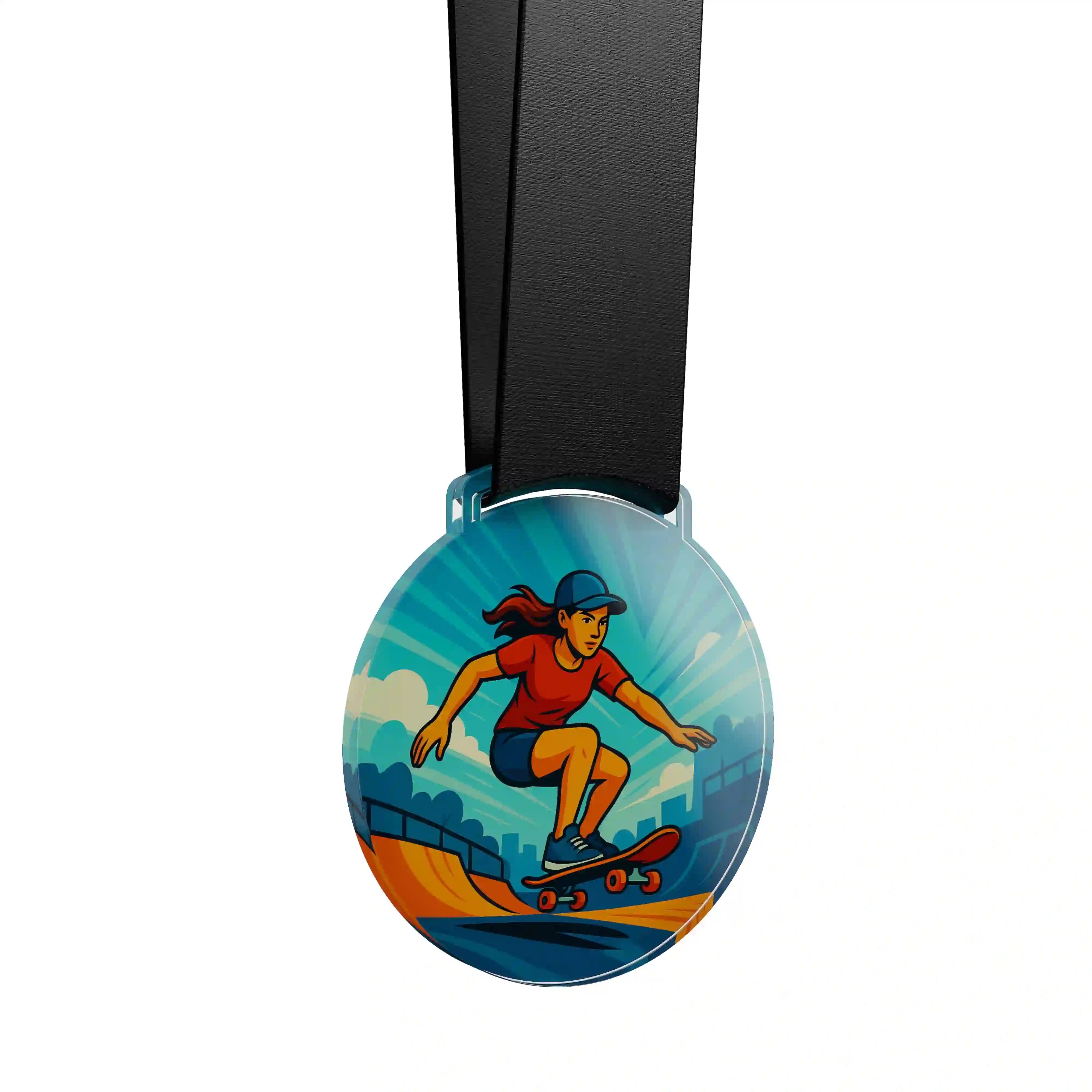 médaille acrylique d'une femme faisant du skate