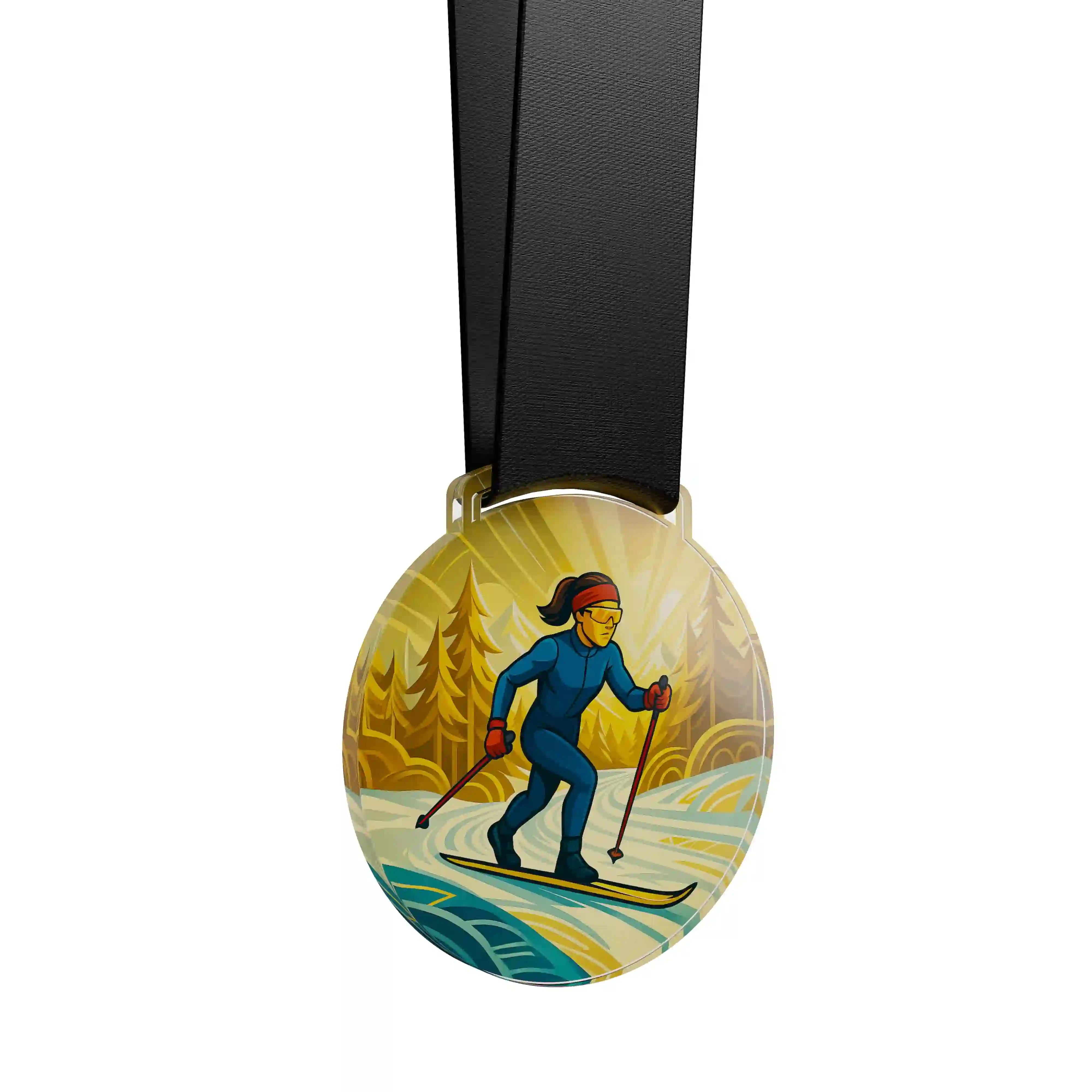 médaille acrylique d'une femme faisant du ski de fond
