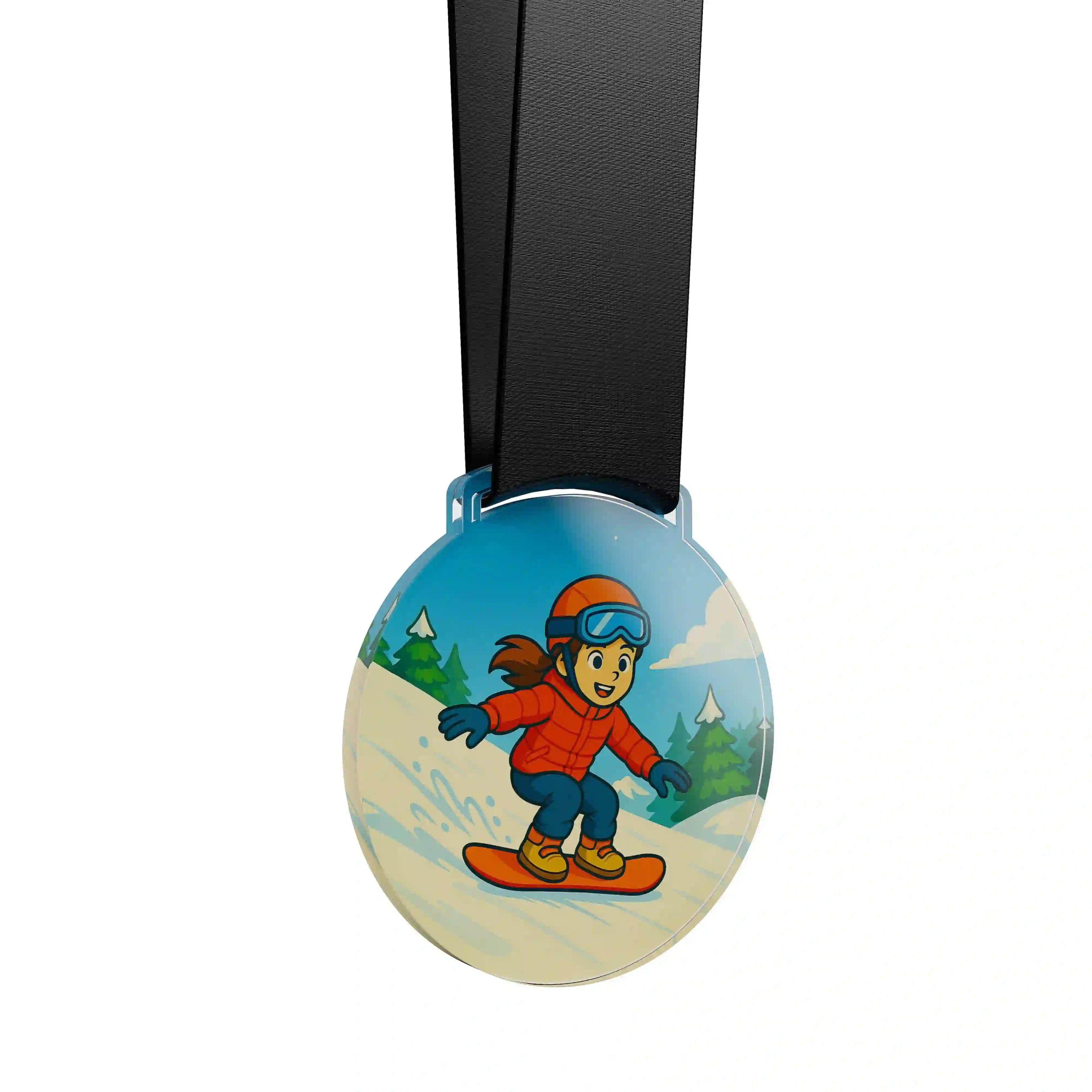 médaille acrylique d'une jeune fille faisant du snowboard