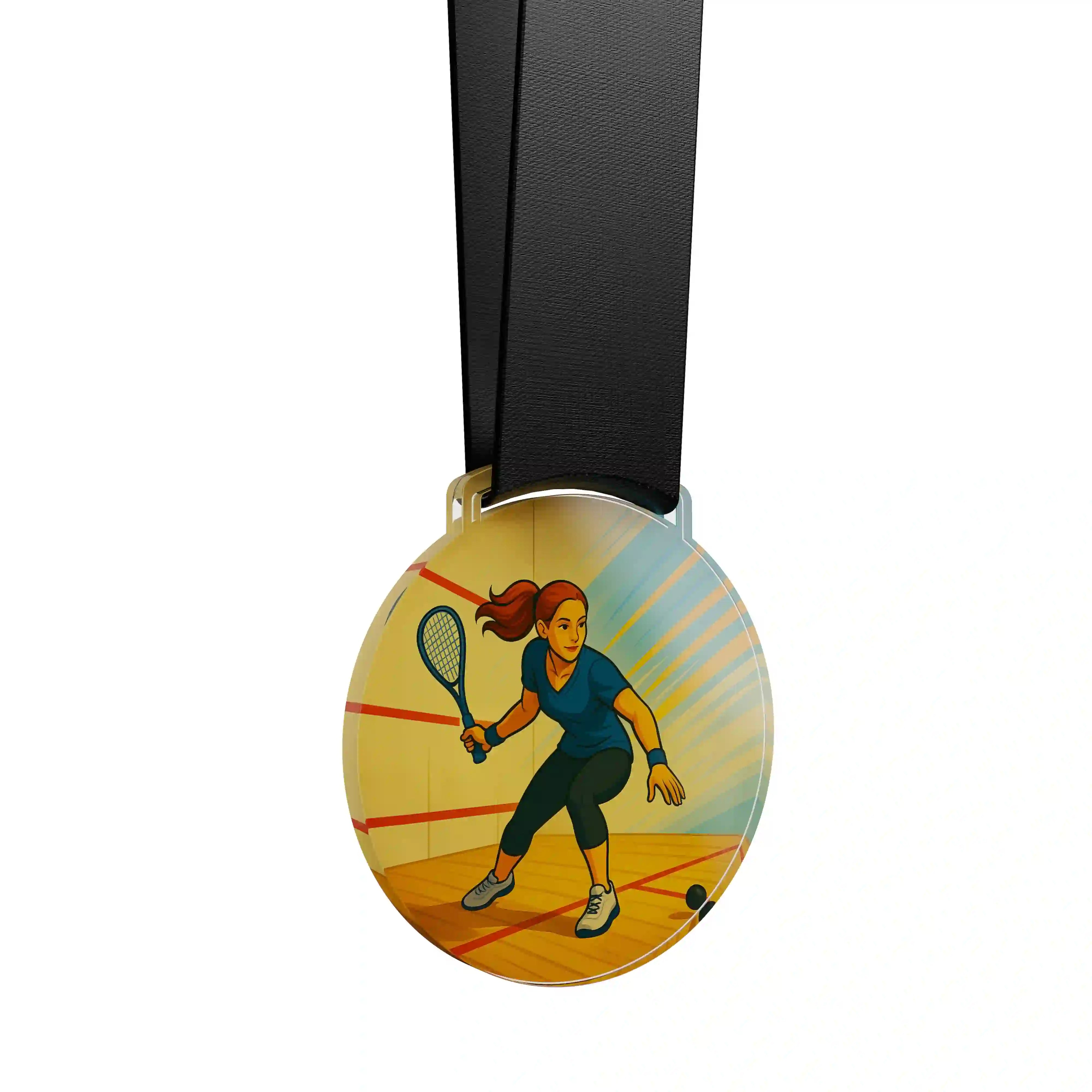 médaille acrylique d'une femme faisant du squash