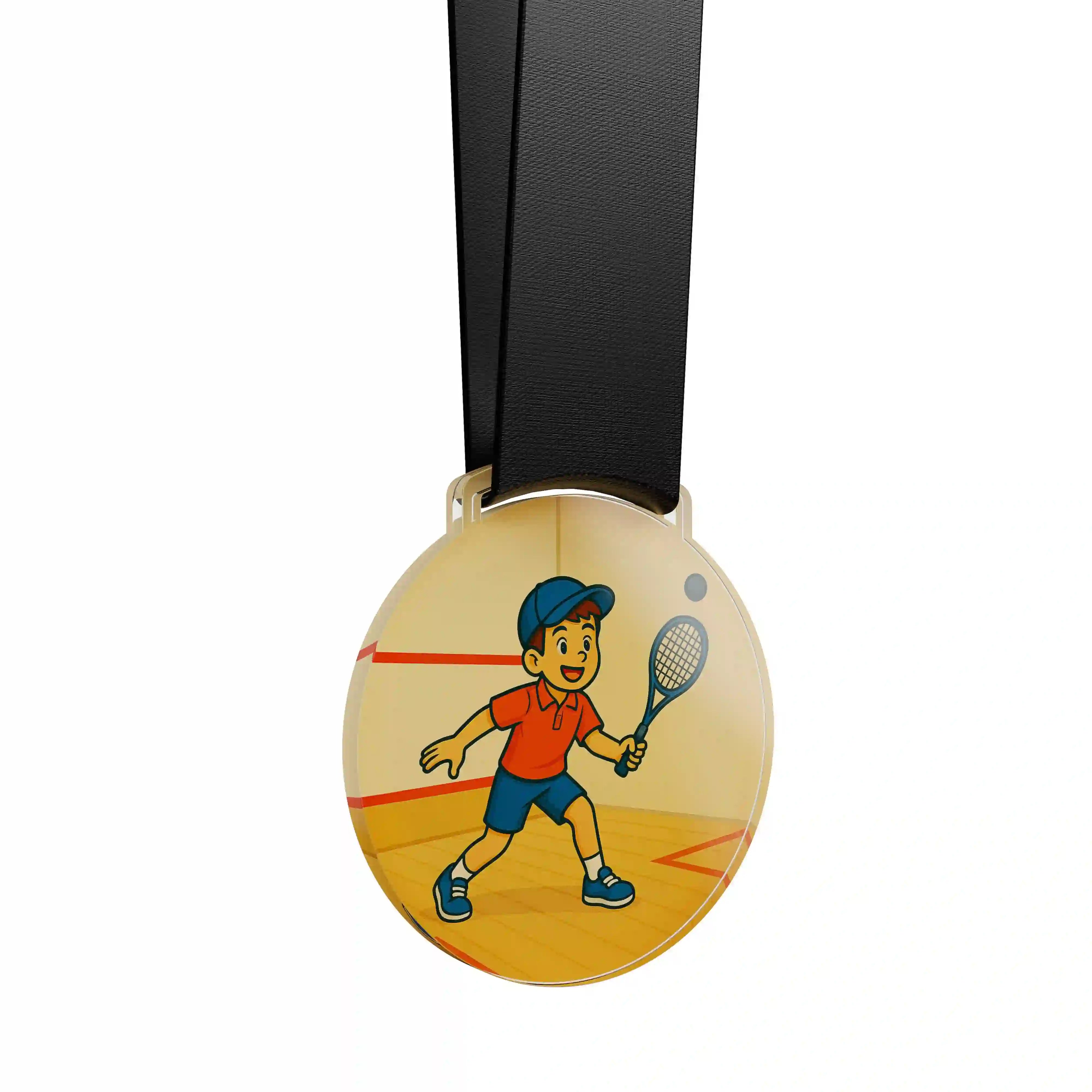 médaille acrylique d'un jeune garçon faisant du squash