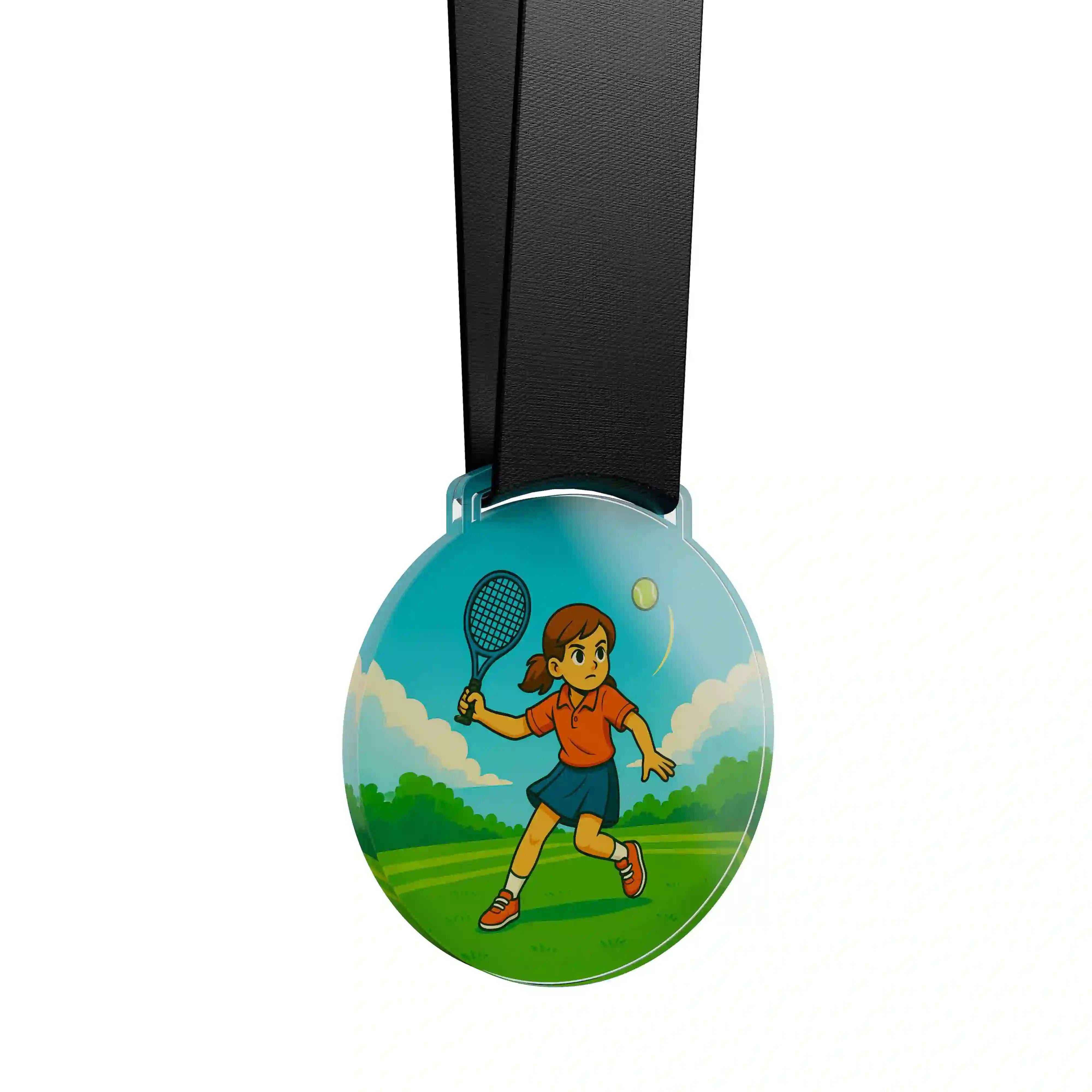 médaille acrylique d'une jeune fille faisant du tennis