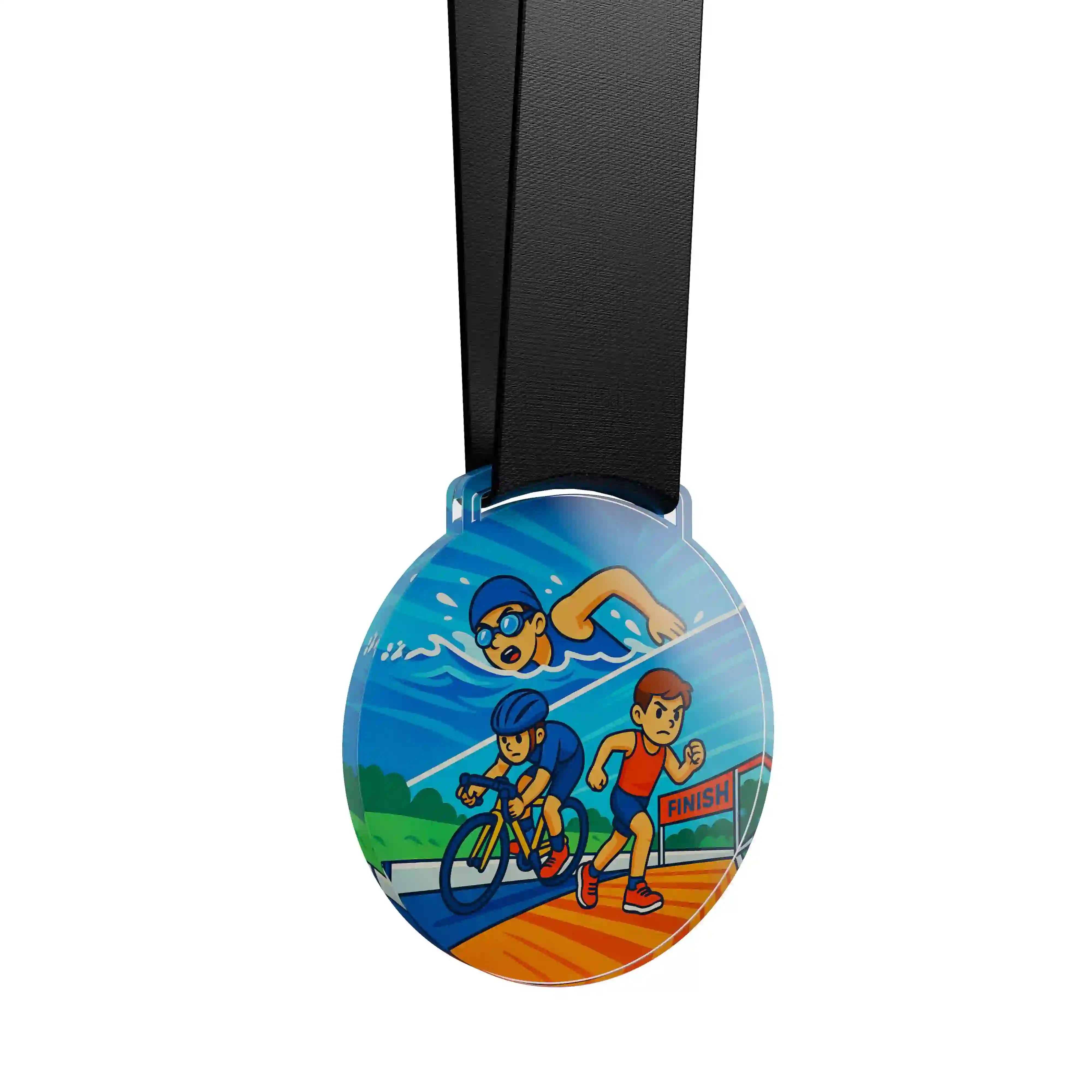 médaille acrylique d'un jeune garçon faisant du triathlon