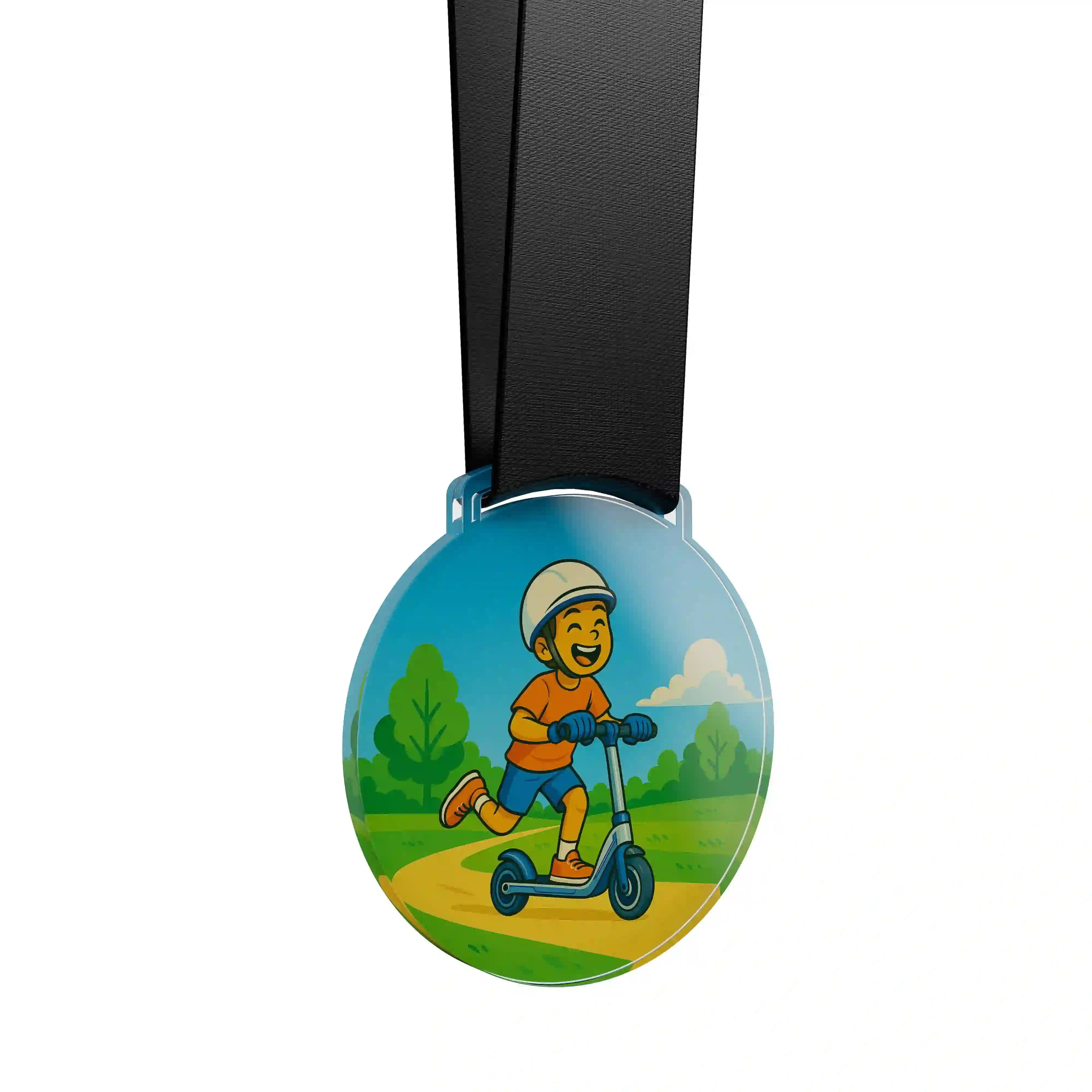 médaille acrylique d'un jeune garçon faisant de la trottinette