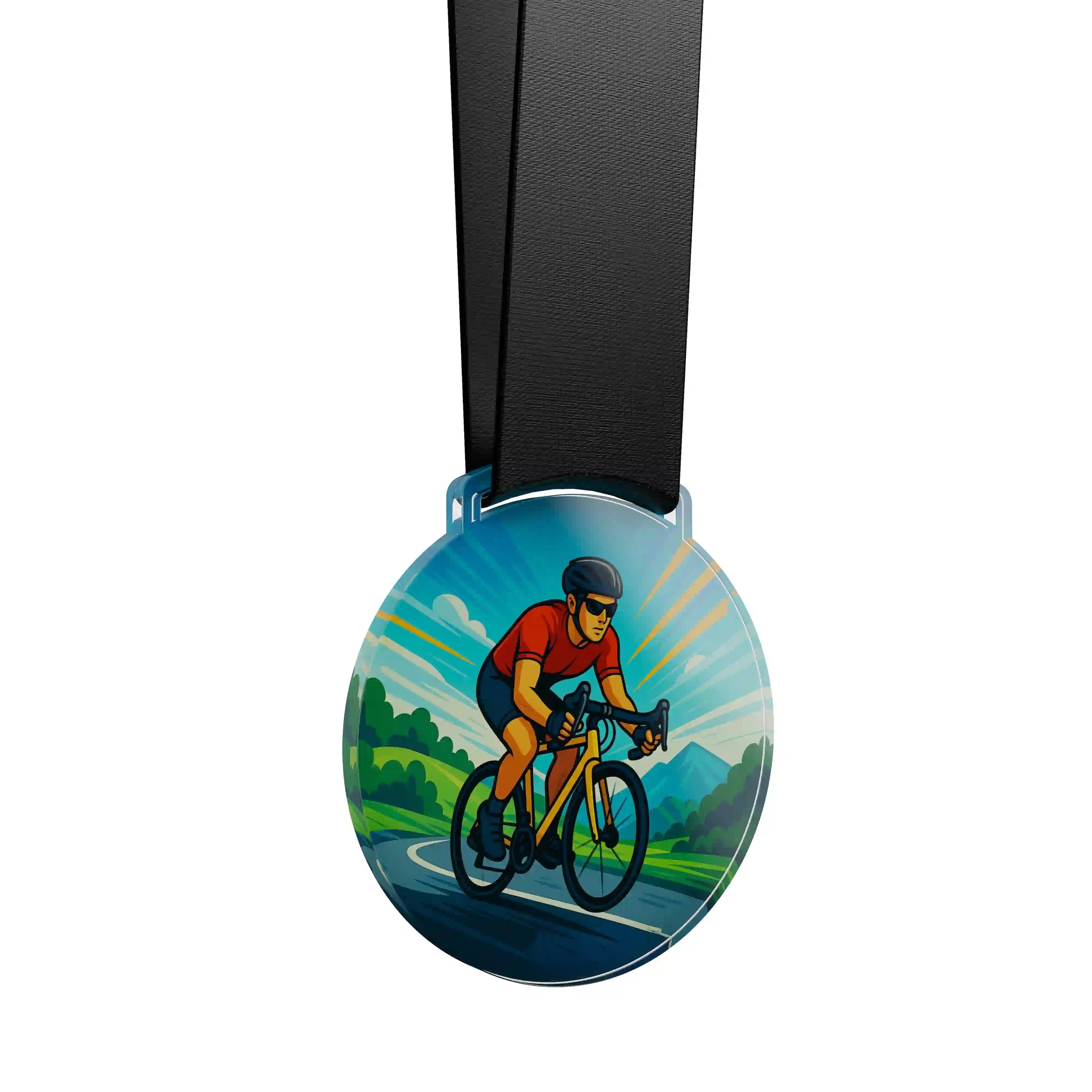médaille acrylique d'un homme faisant du vélo route