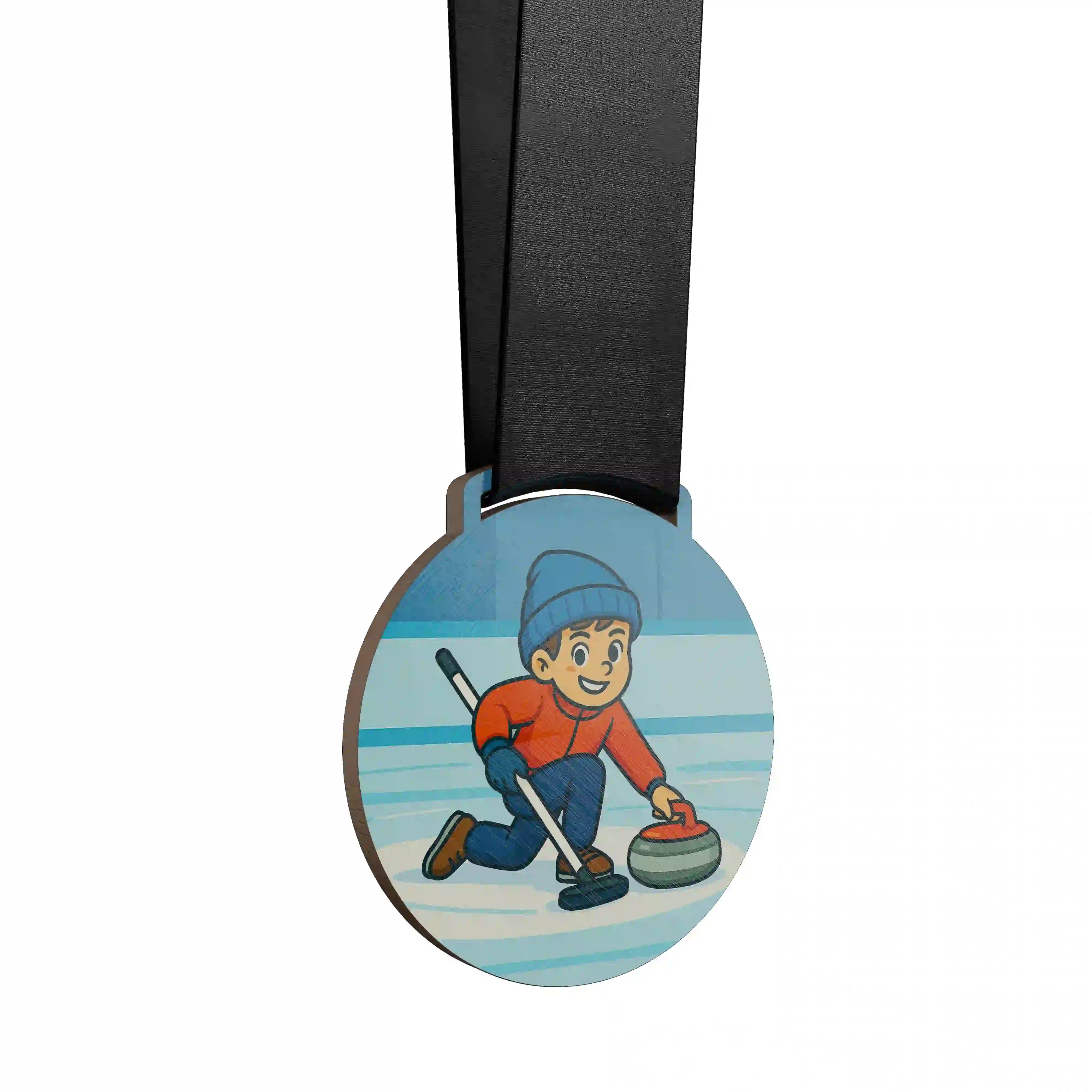 Petit garçon jouant au curling sur glace.