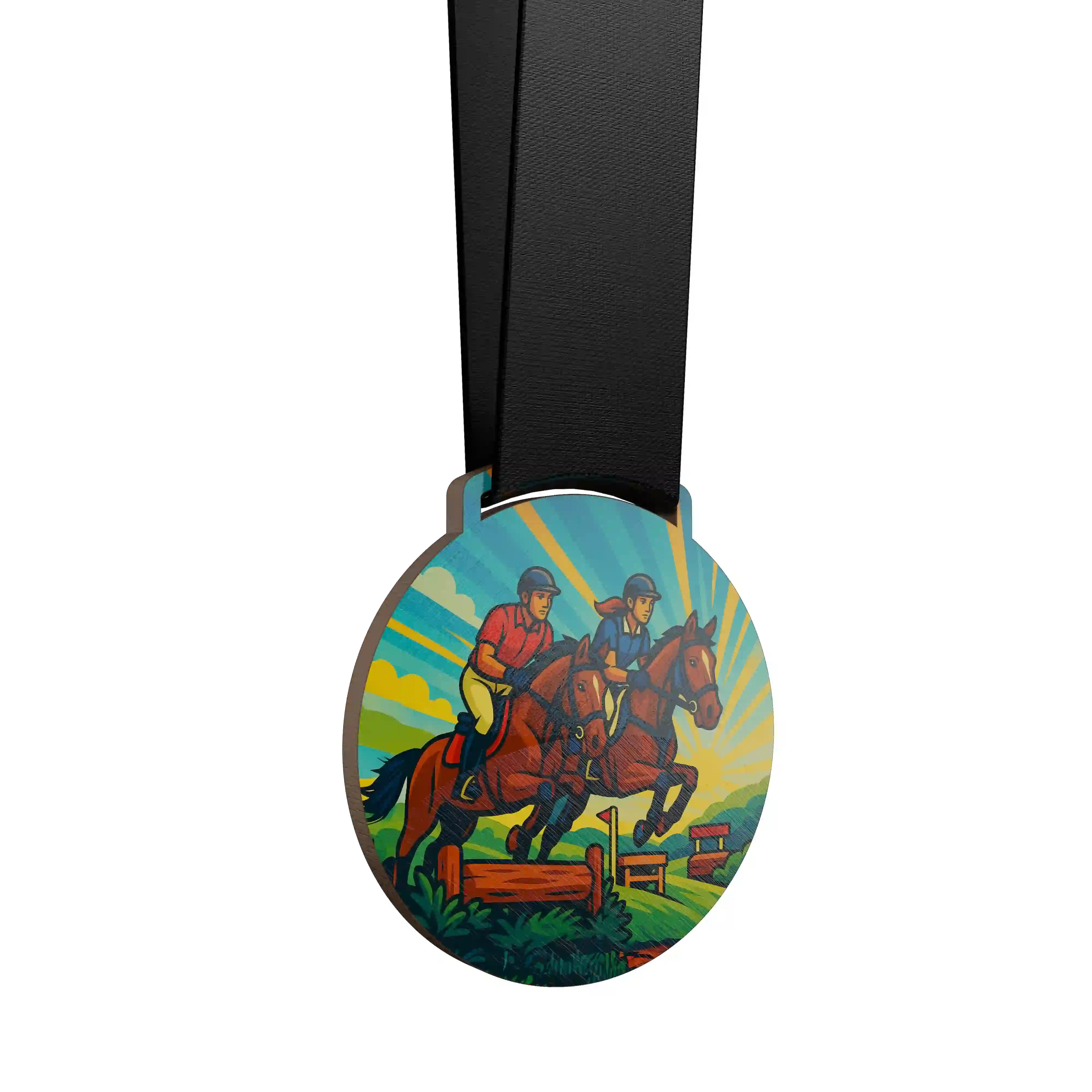 Deux cavaliers sautant des obstacles en concours complet.