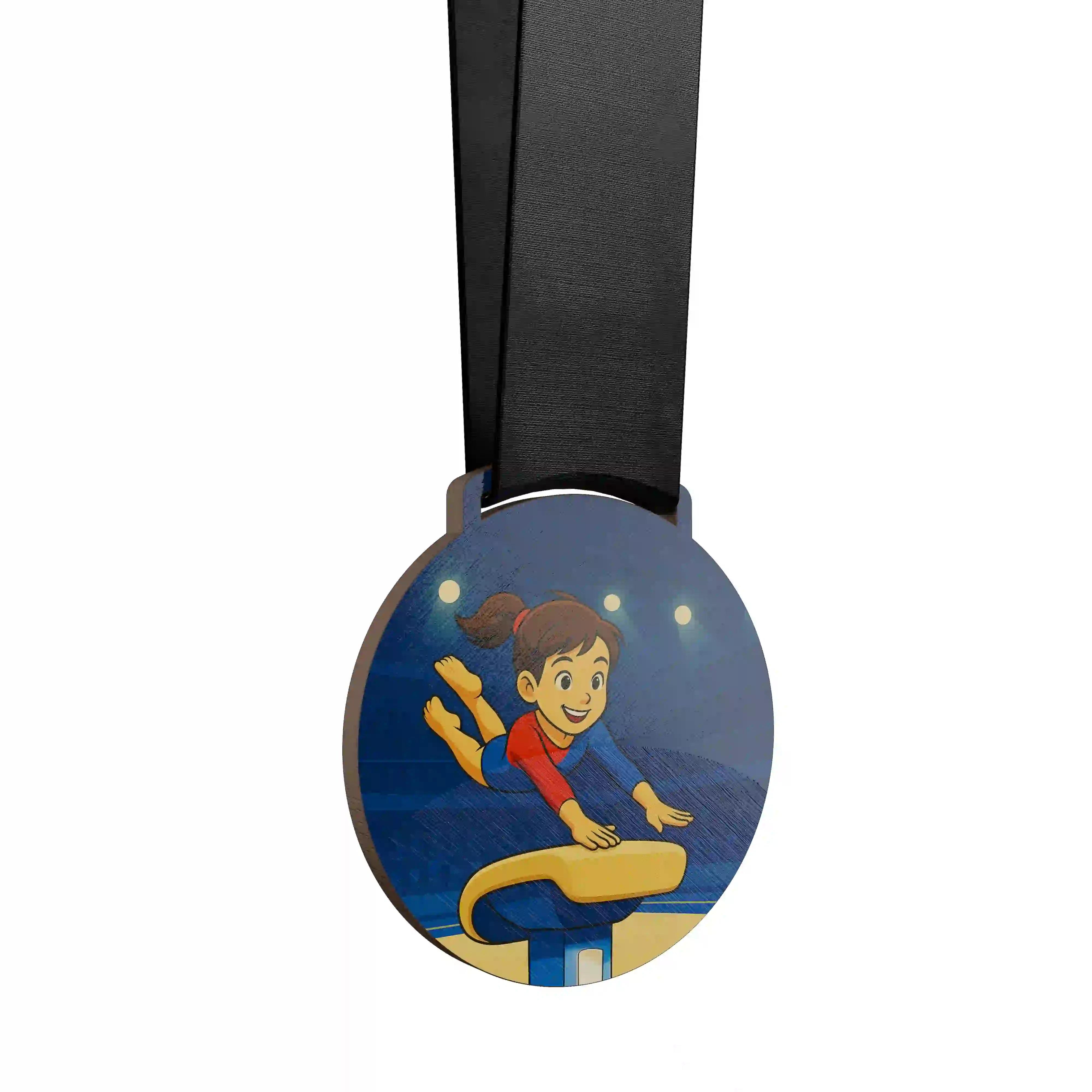 Petite fille en gymnastique artistique, réalisant un saut de cheval.