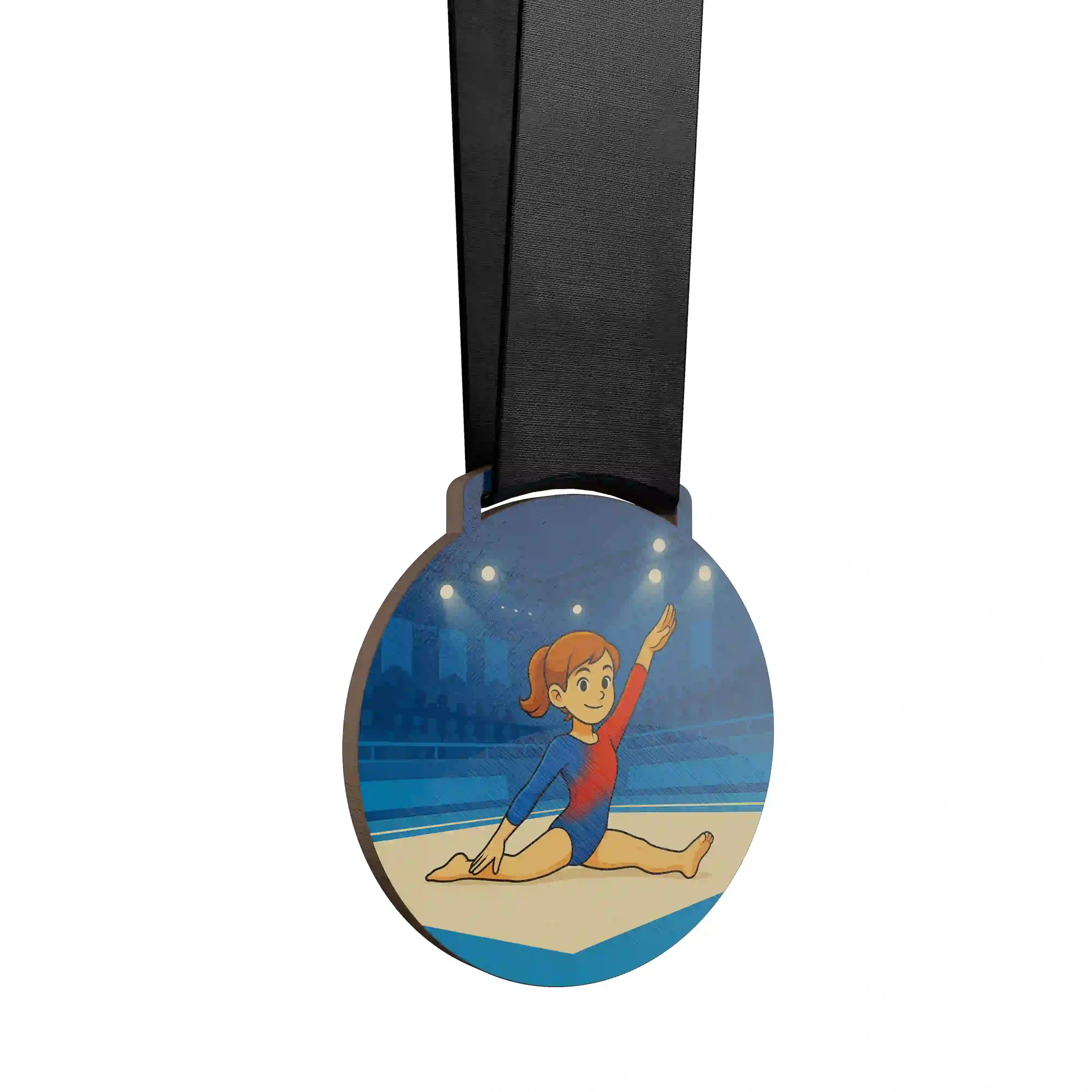 Petite gymnaste féminine en pleine posture de grand écart sur un tapis de sol.