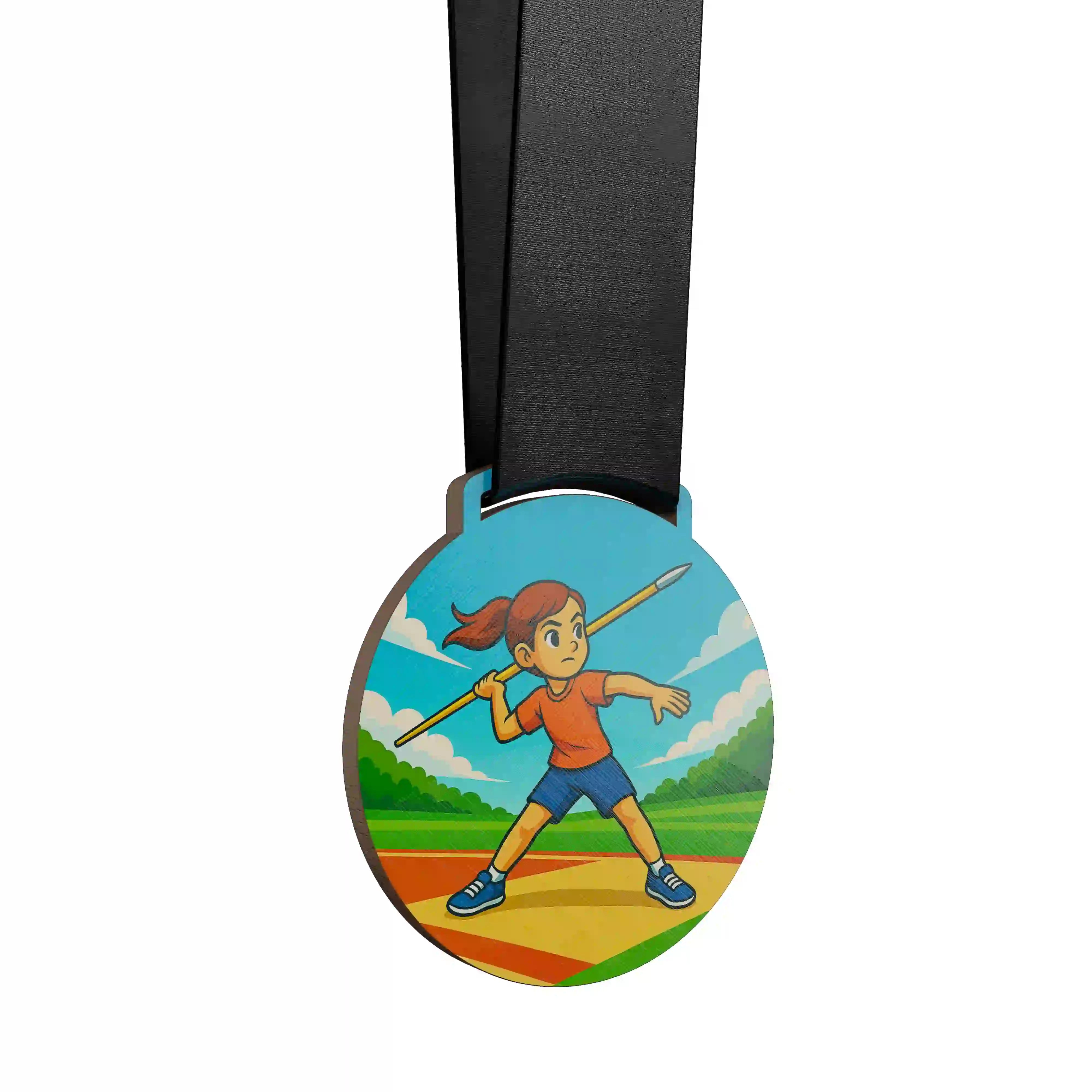médaille en bois d'une jeune fille faisant du javelot