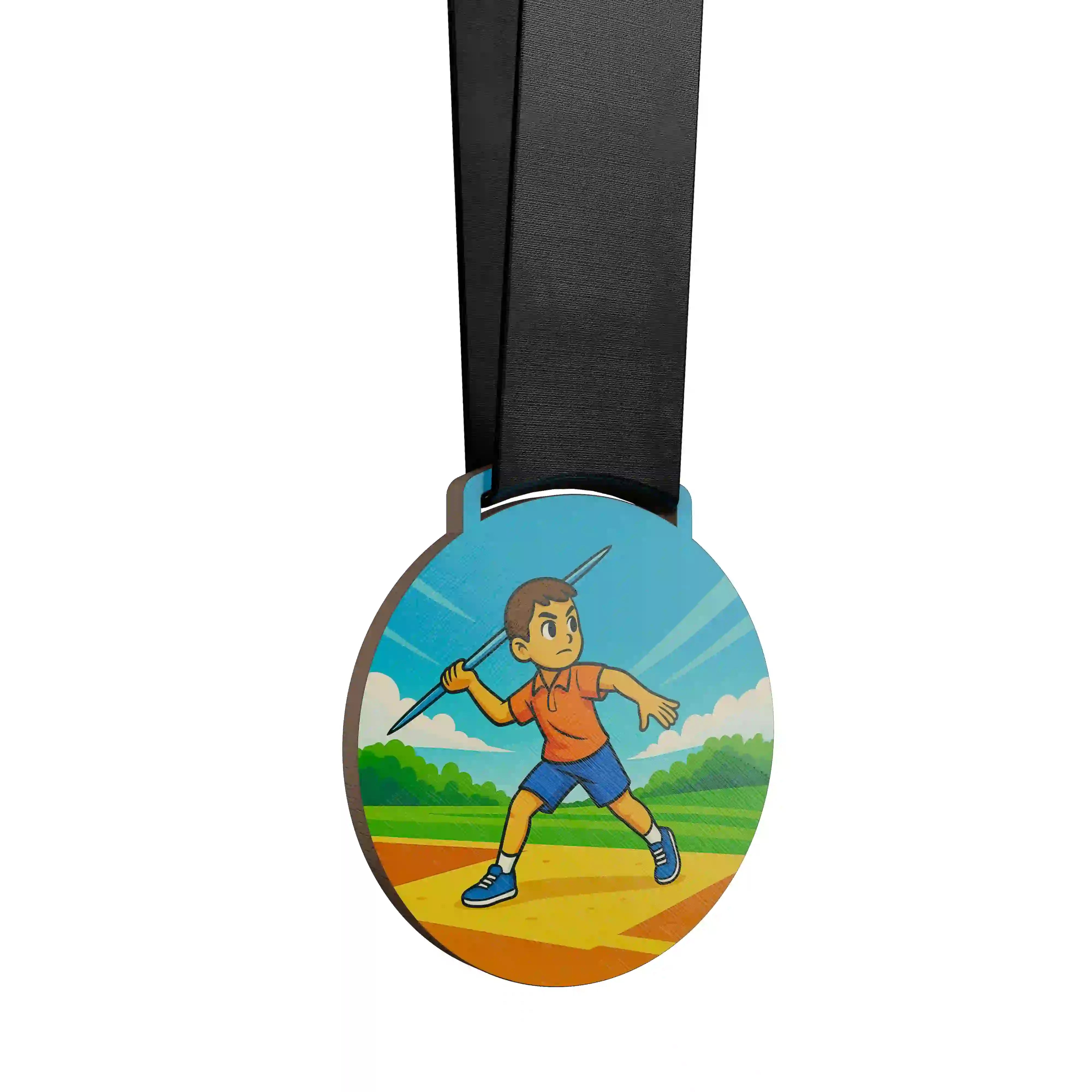 médaille en bois d'un jeune garçon faisant du javelot
