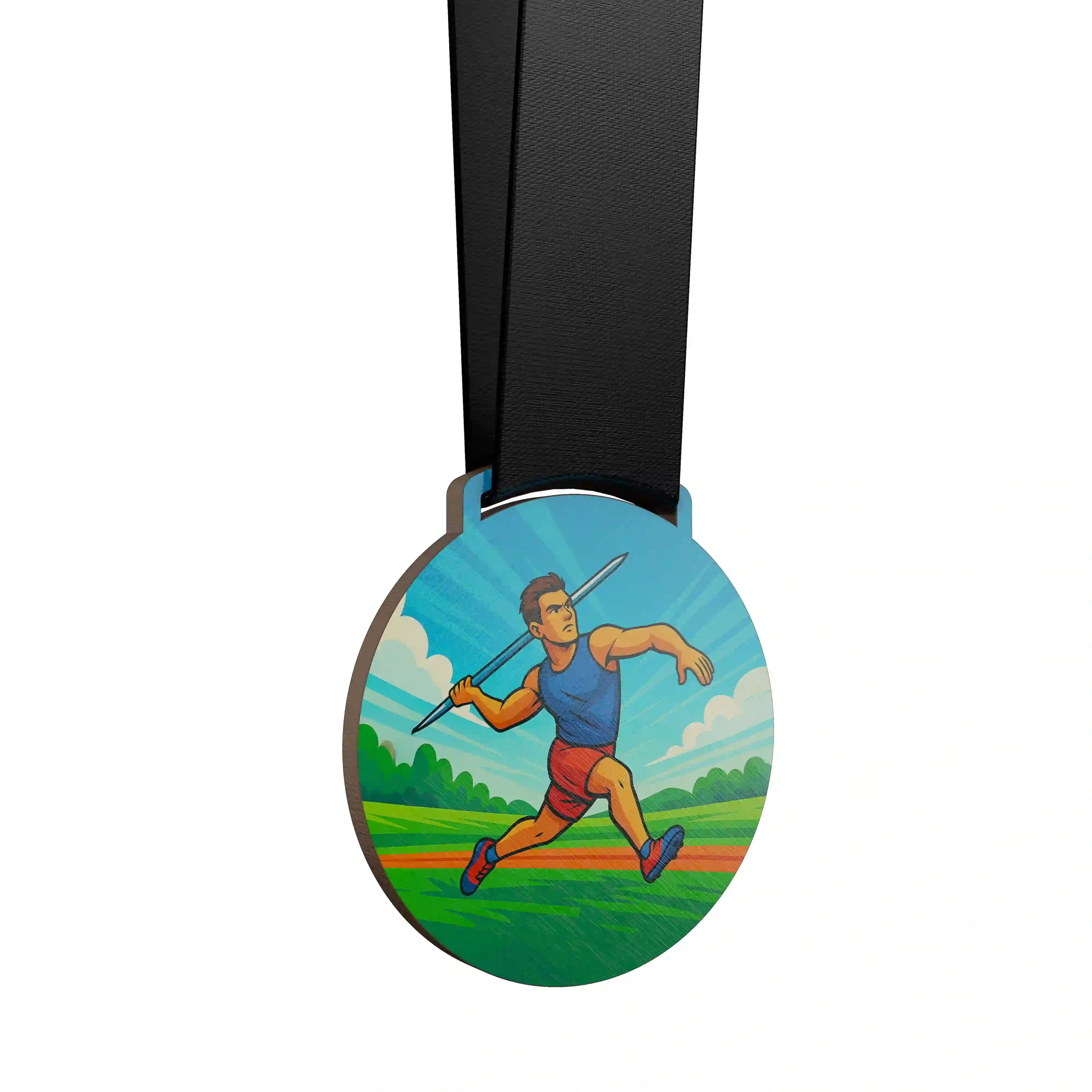 médaille en bois d'un homme faisant du javelot