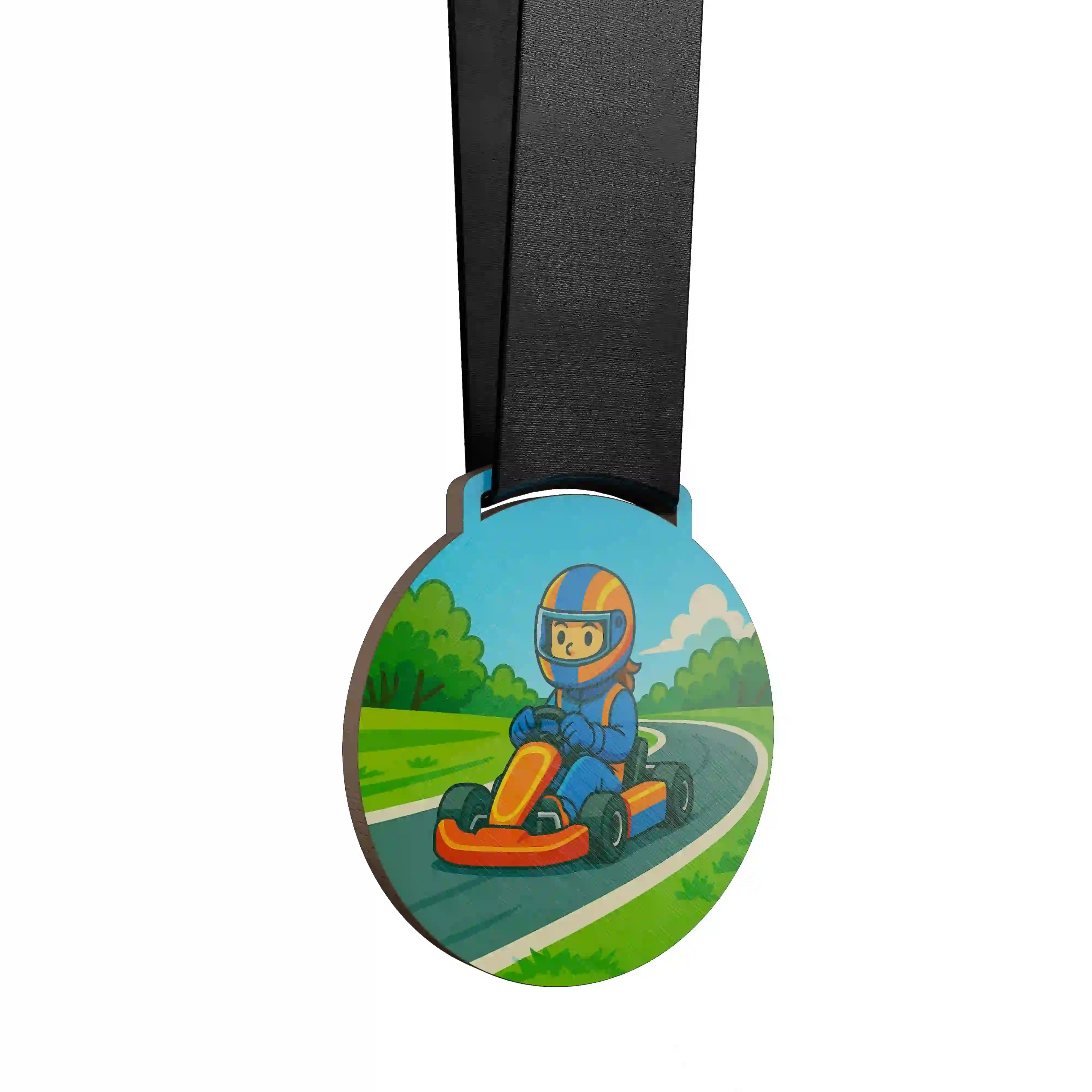 médaille en bois d'un jeune garçon pilote de kart
