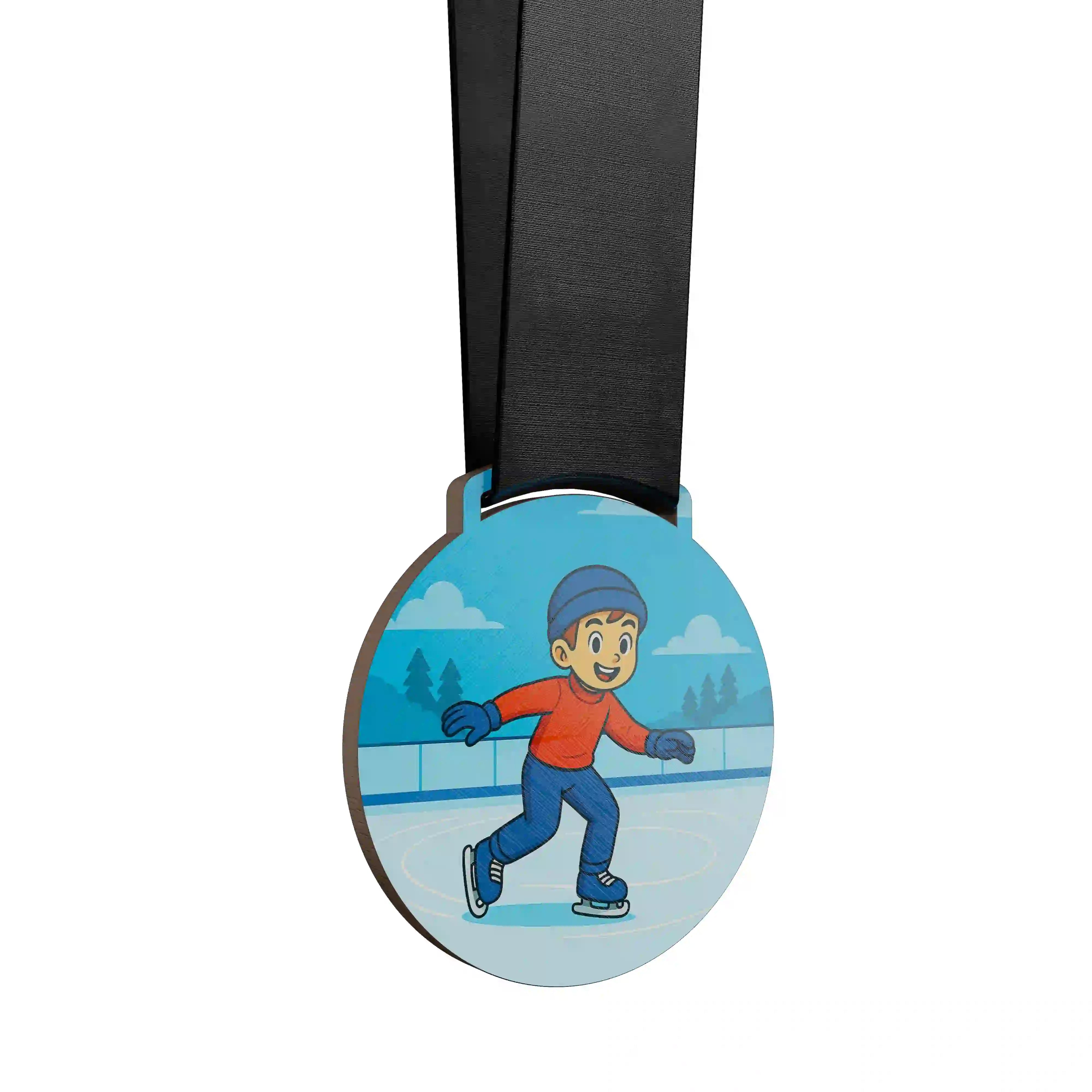 médaille en bois d'un jeune garçon faisant du patin à glace